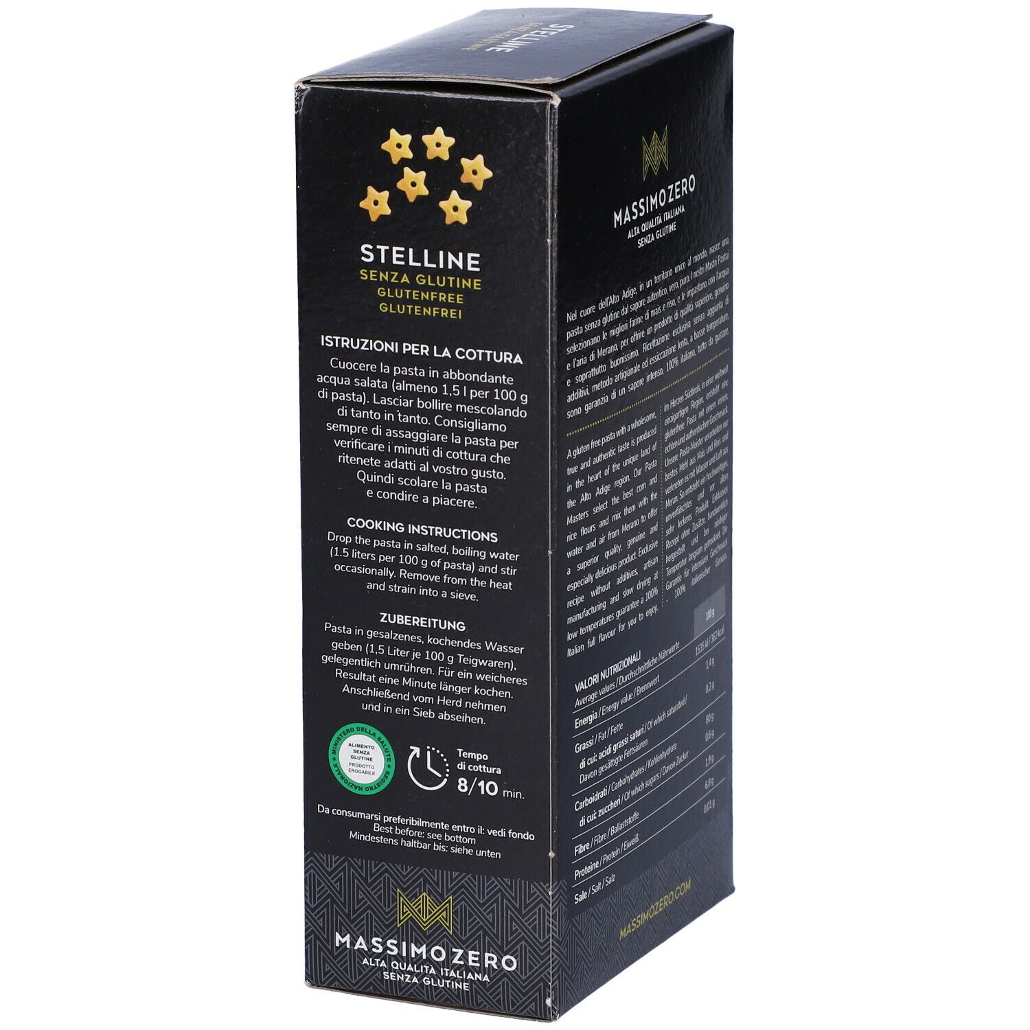Confezione nera Massimo Zero Stelline. Vista laterale con testo. Istruzioni per la cottura. 400g. Bandiera italiana. Senza glutine.