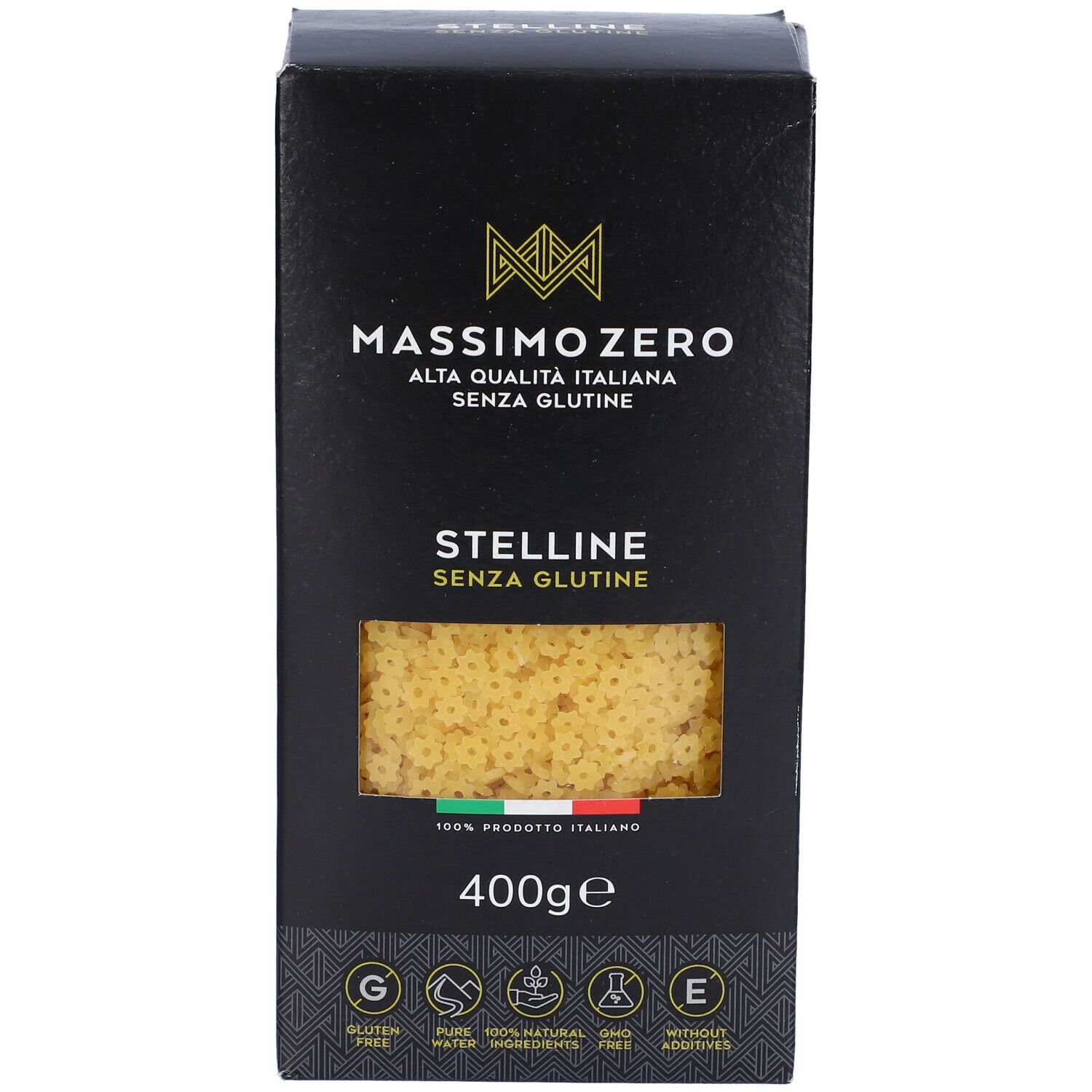 Confezione nera Massimo Zero Stelline. Finestra con pasta a stelline. Senza glutine, 400g. Bandiera italiana.