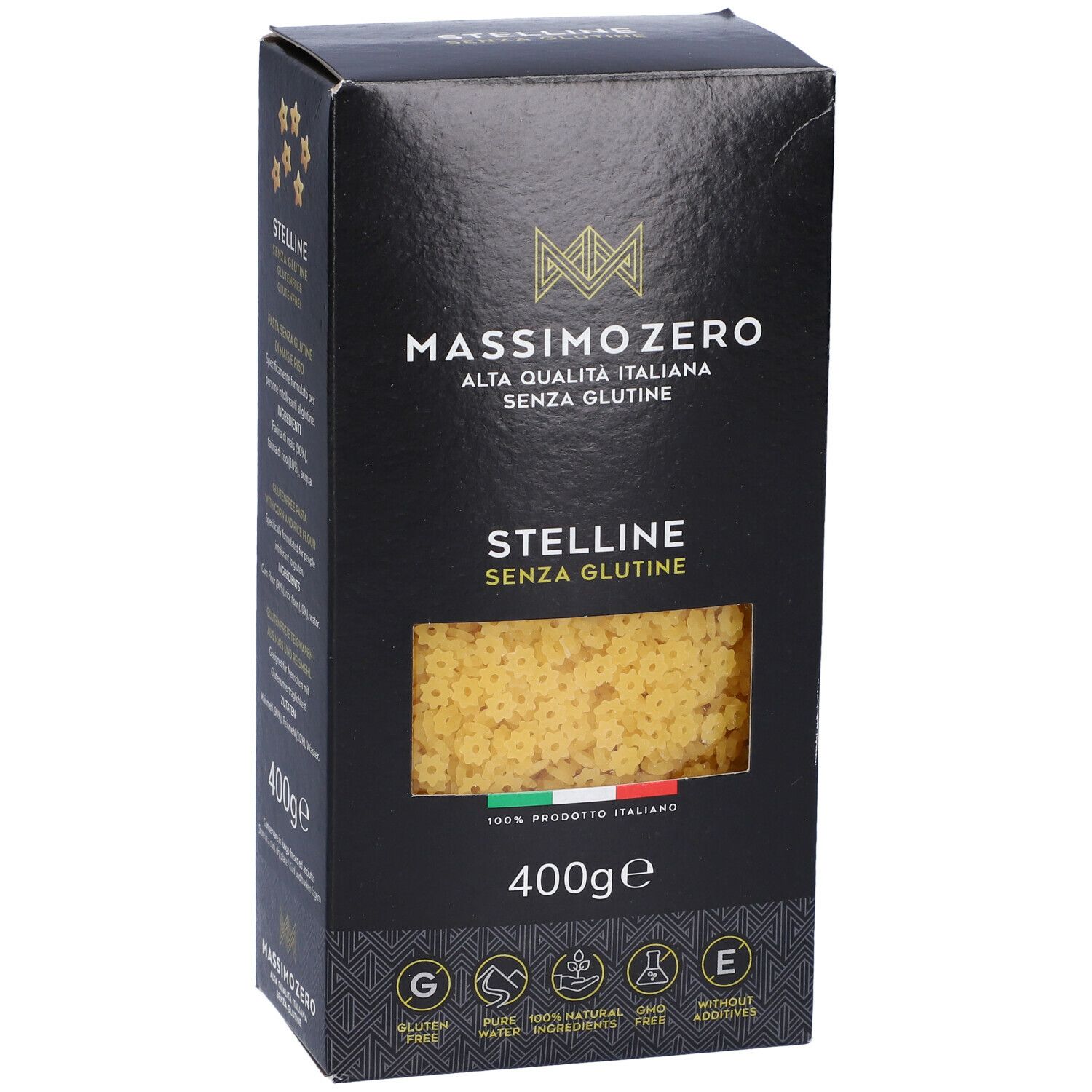 Confezione nera Massimo Zero Stelline. Finestra con pasta a stelline. Senza glutine, 400g. Bandiera italiana.