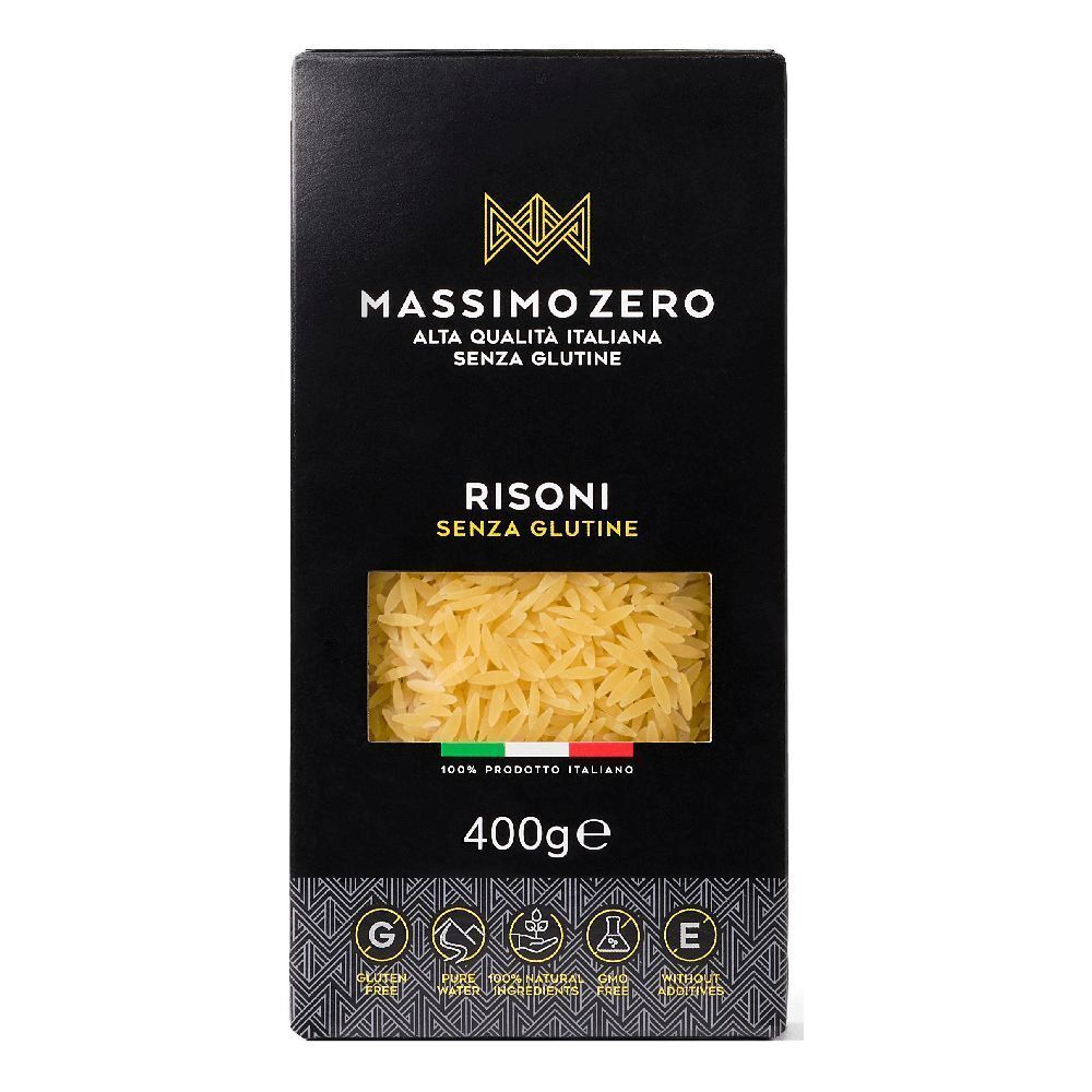 Confezione nera di Risoni. Finestra con pasta. Testo: Massimo Zero, Alta Qualità Italiana, Senza Glutine, 400g. Bandiera italiana.