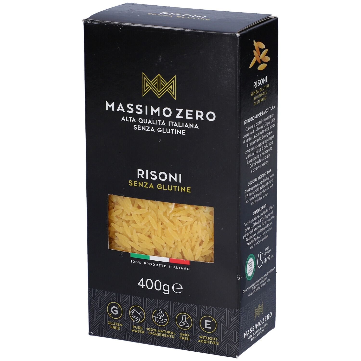 Confezione nera di Risoni. Vista frontale e obliqua. Testo: Massimo Zero, Alta Qualità Italiana, Senza Glutine, 400g. Bandiera italiana.