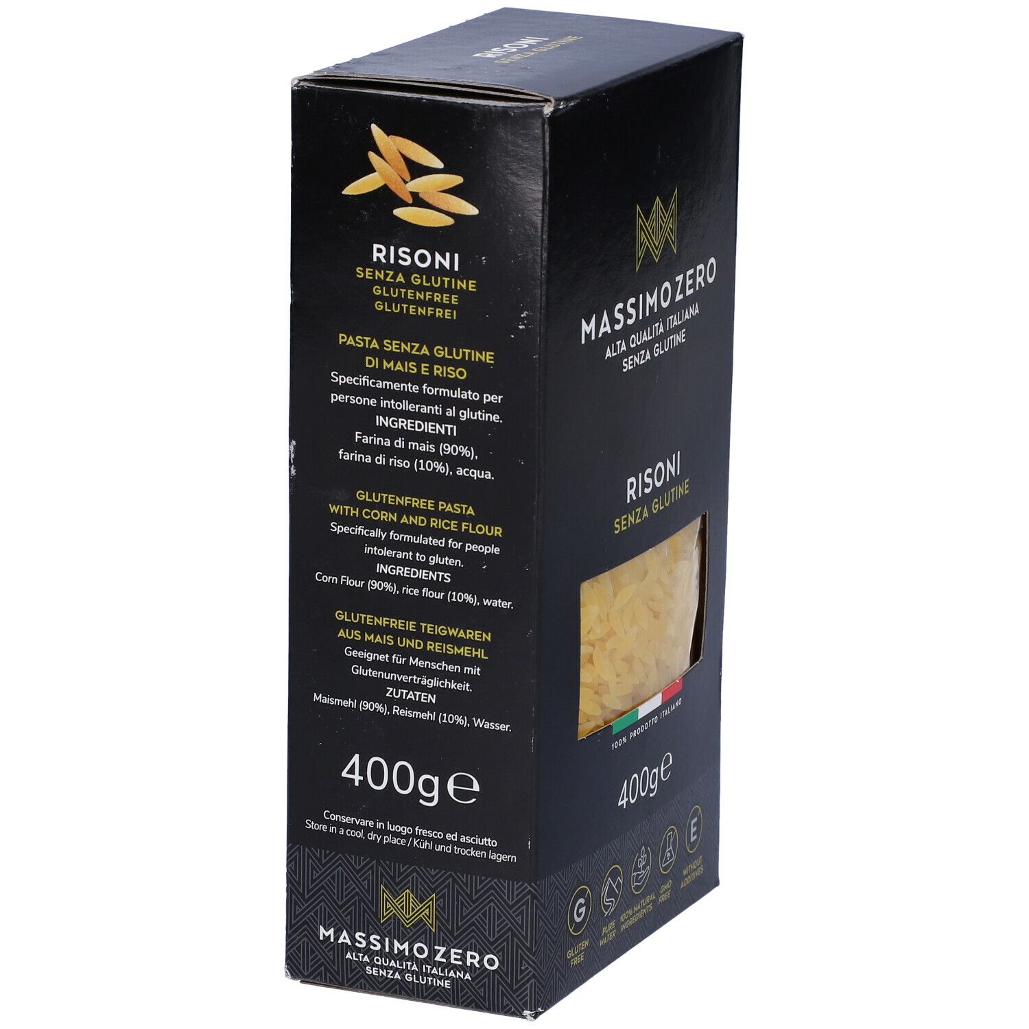 Confezione nera di Risoni. Vista laterale con testo. Testo: Massimo Zero, Alta Qualità Italiana, Senza Glutine, 400g. Ingredienti.