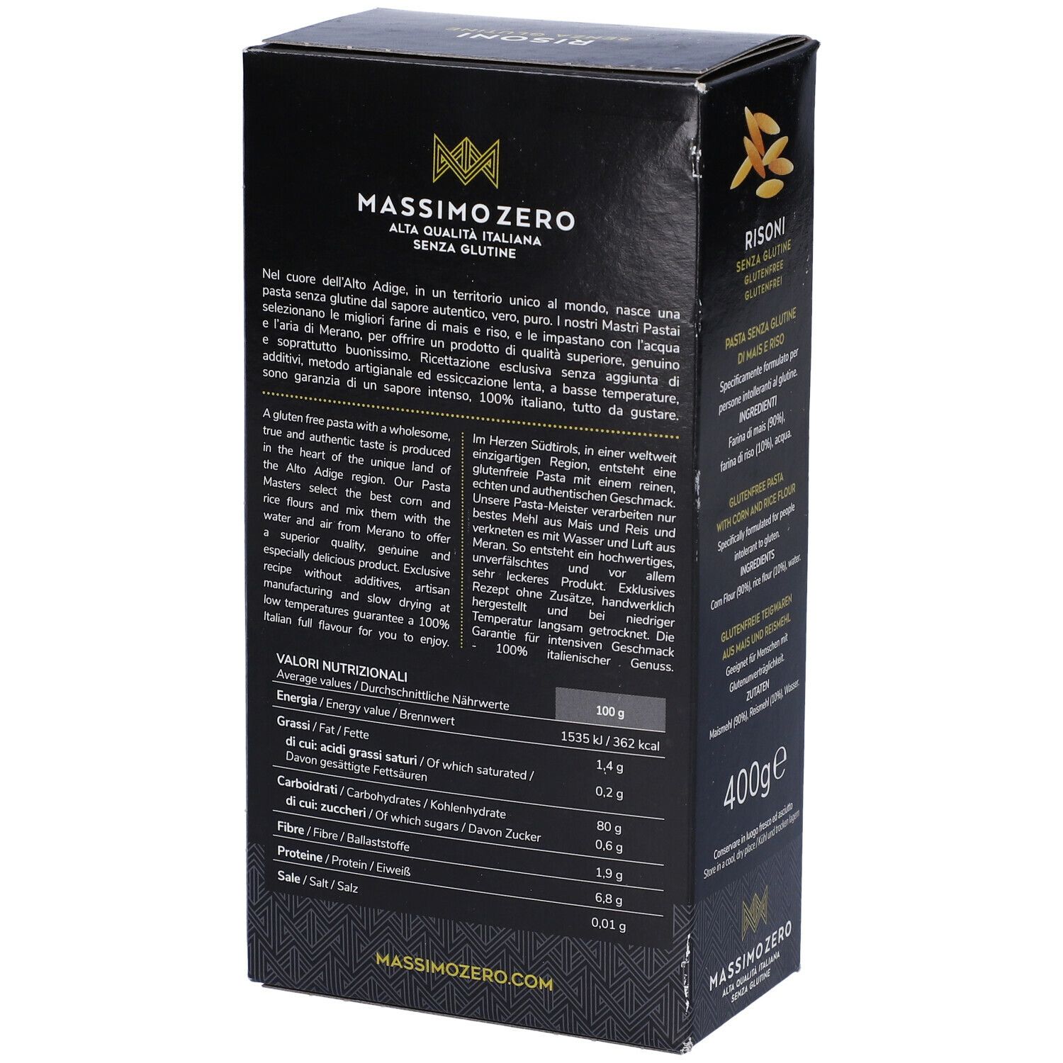 Confezione nera di Risoni. Retro con testo. Testo: Massimo Zero, Alta Qualità Italiana, Senza Glutine, 400g. Valori nutrizionali.