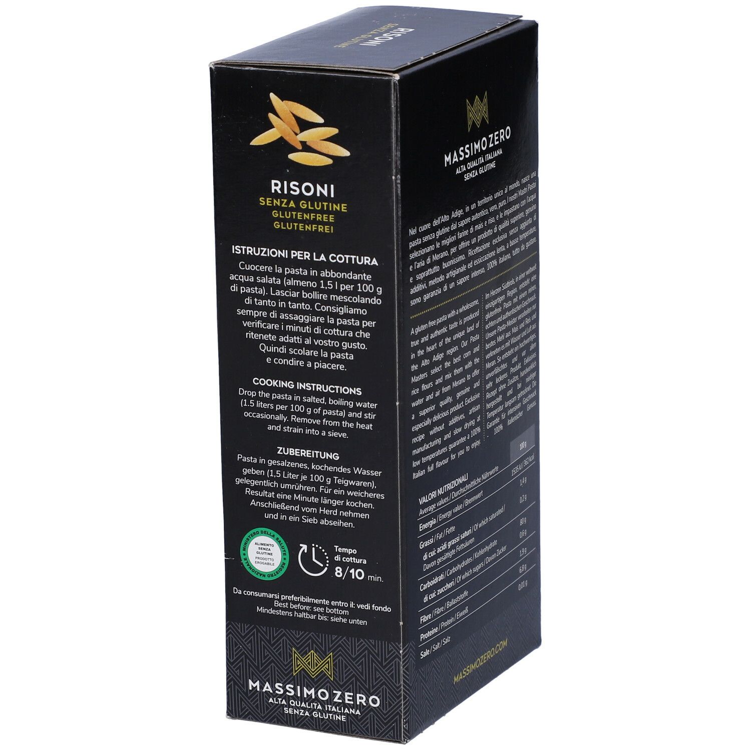 Confezione nera di Risoni. Retro con testo. Testo: Massimo Zero, Alta Qualità Italiana, Senza Glutine, 400g. Istruzioni per la cottura.