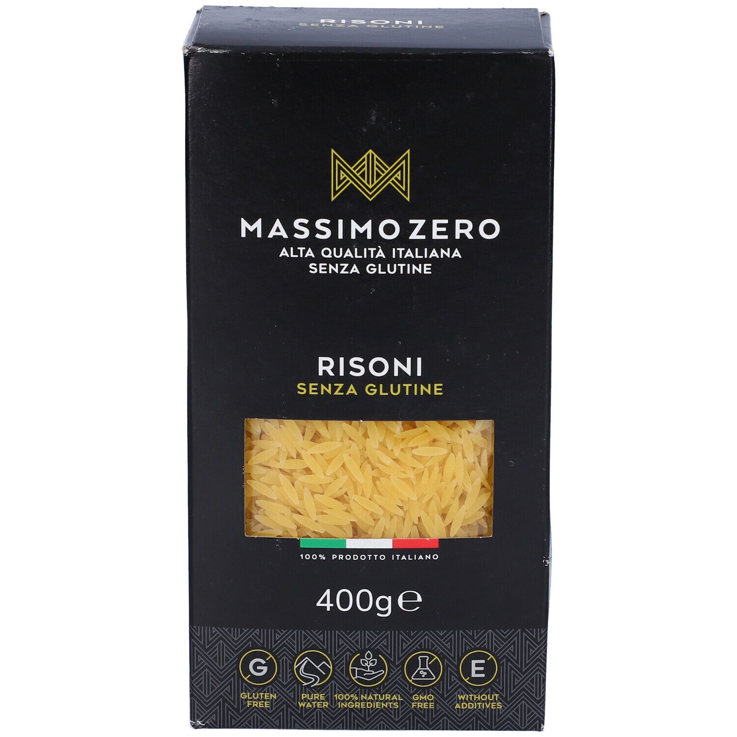Confezione nera di Risoni. Finestra con pasta. Testo: Massimo Zero, Alta Qualità Italiana, Senza Glutine, 400g. Bandiera italiana.