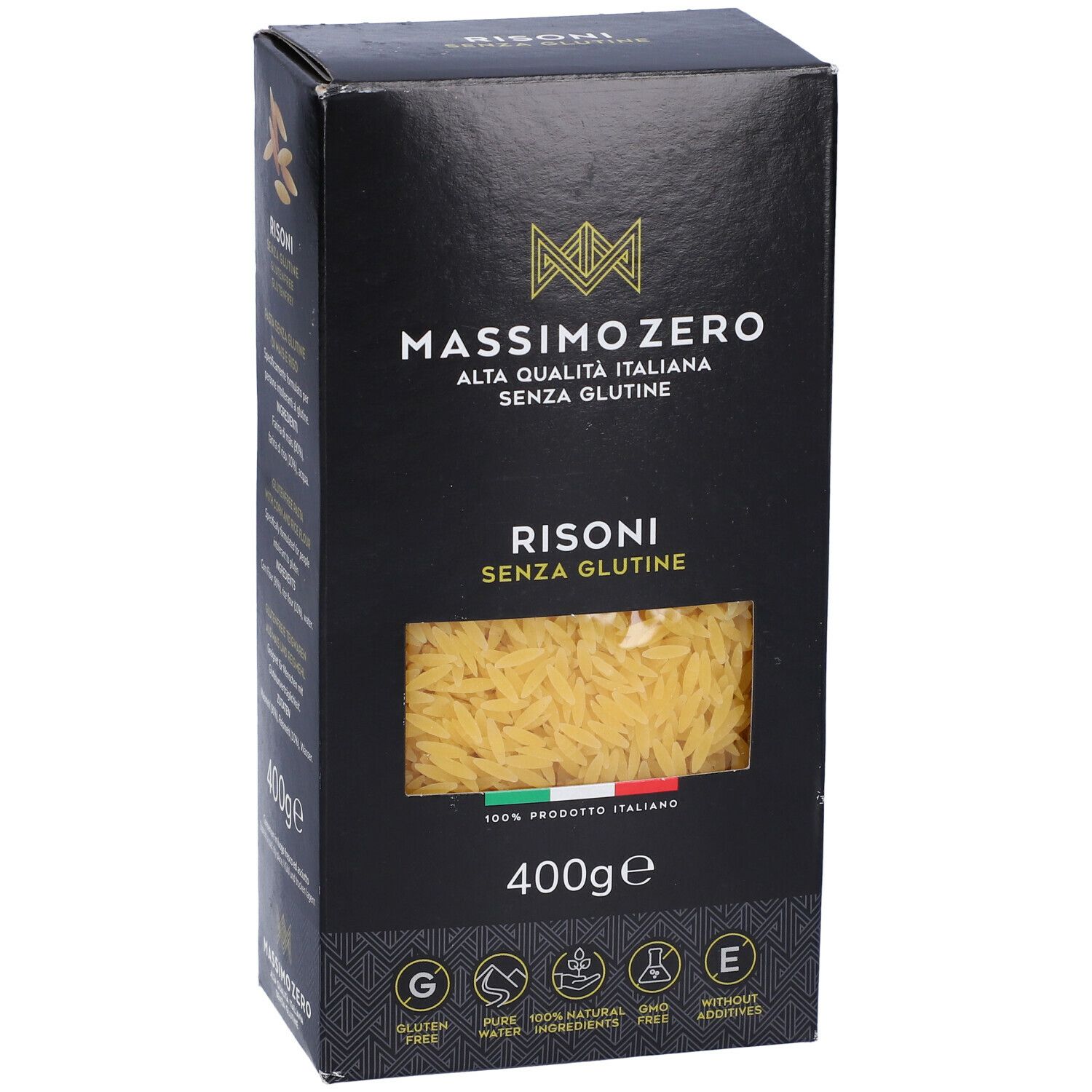 Confezione nera di Risoni. Finestra con pasta. Testo: Massimo Zero, Alta Qualità Italiana, Senza Glutine, 400g. Bandiera italiana.