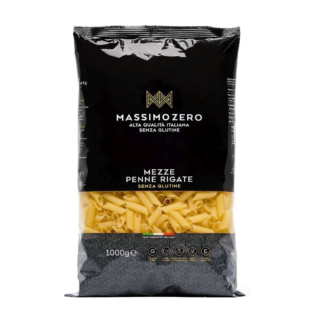 Confezione nera di pasta Massimo Zero Mezze Penne Rigate senza glutine. 1000g. Bandiera italiana.
