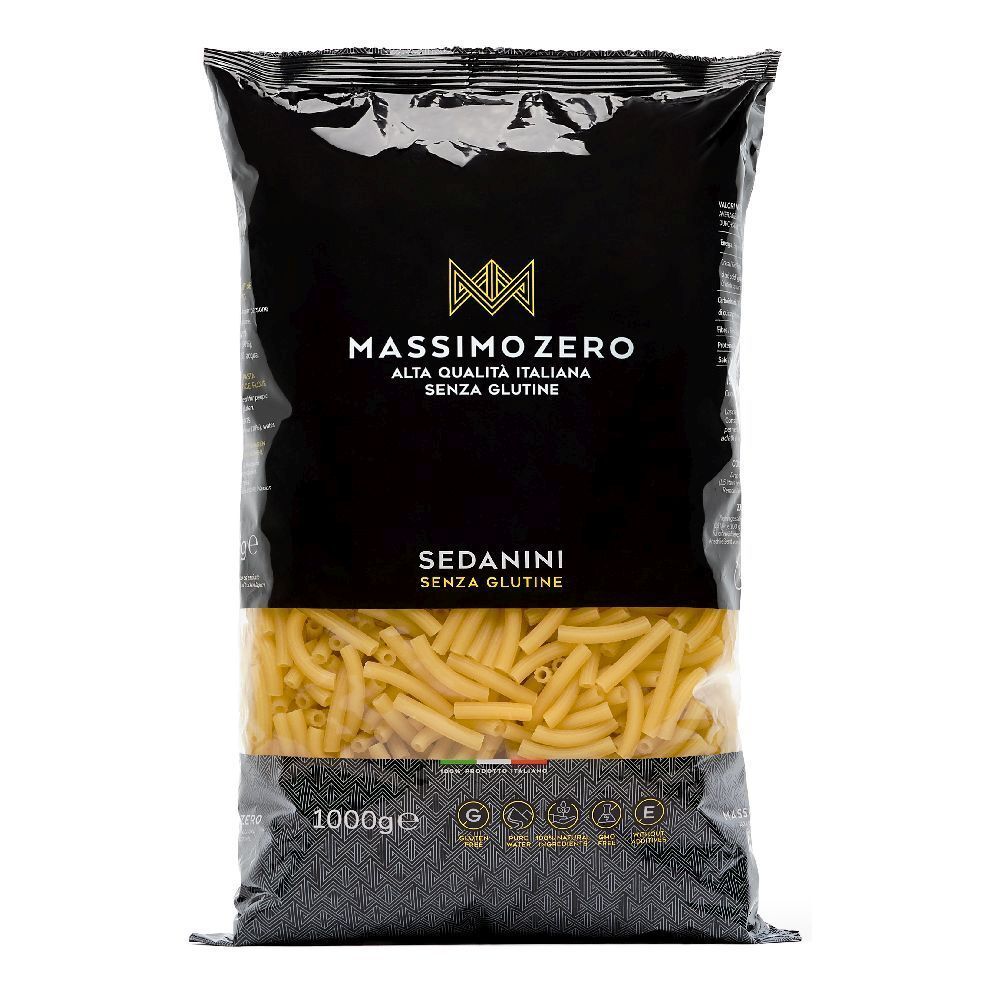 Confezione nera di Massimo Zero Sedanini Rigati. Visibili pasta e informazioni sul prodotto. 1000g.