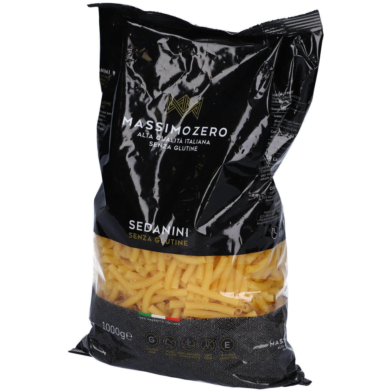 Confezione nera di Massimo Zero Sedanini Rigati. Pasta visibile. Informazioni e logo. 1000g.