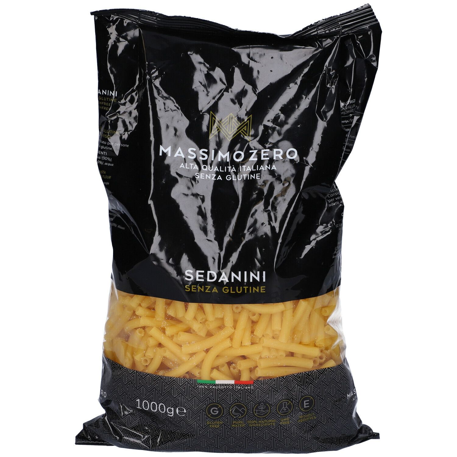 Confezione nera di Massimo Zero Sedanini Rigati. Pasta visibile. Informazioni e logo. 1000g.