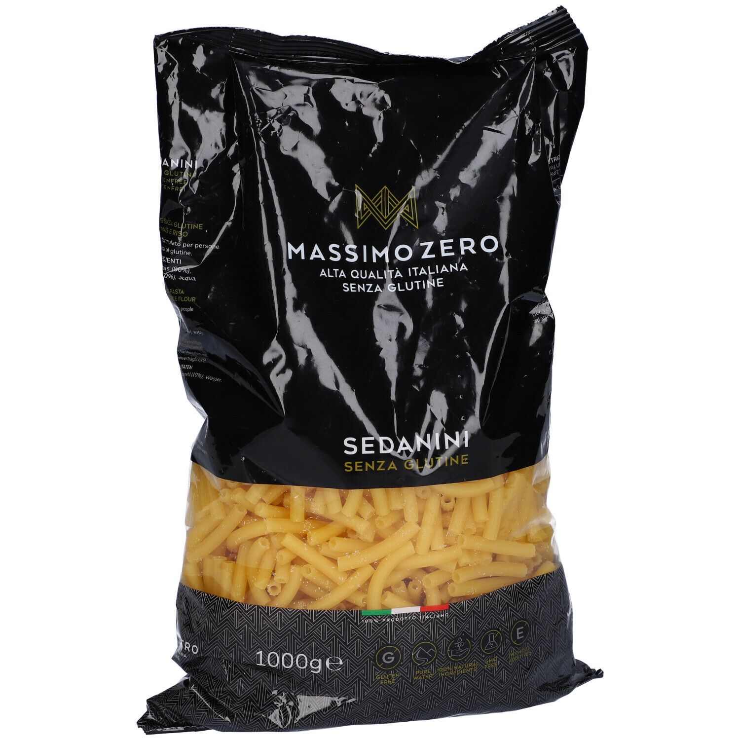 Confezione nera di Massimo Zero Sedanini Rigati. Pasta visibile. Informazioni e logo. 1000g.