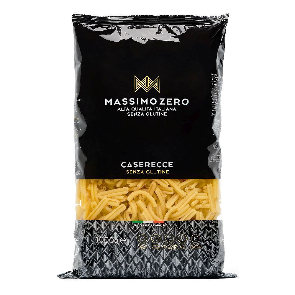 Confezione nera di Massimo Zero Caserecce. Pasta senza glutine. 1000g. Bandiera italiana e certificazioni.