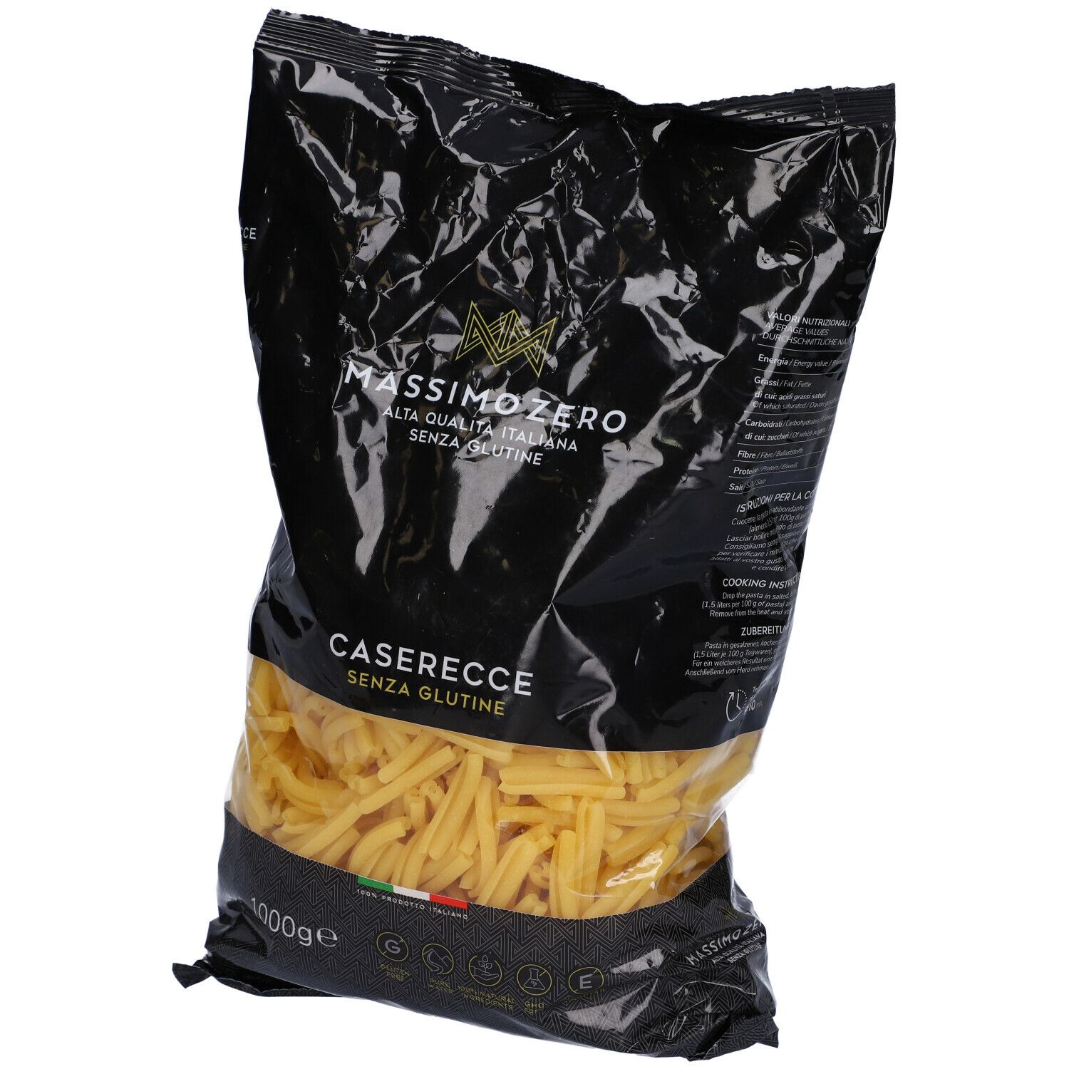 Confezione nera di Massimo Zero Caserecce. Pasta senza glutine. 1000g. Vista obliqua.