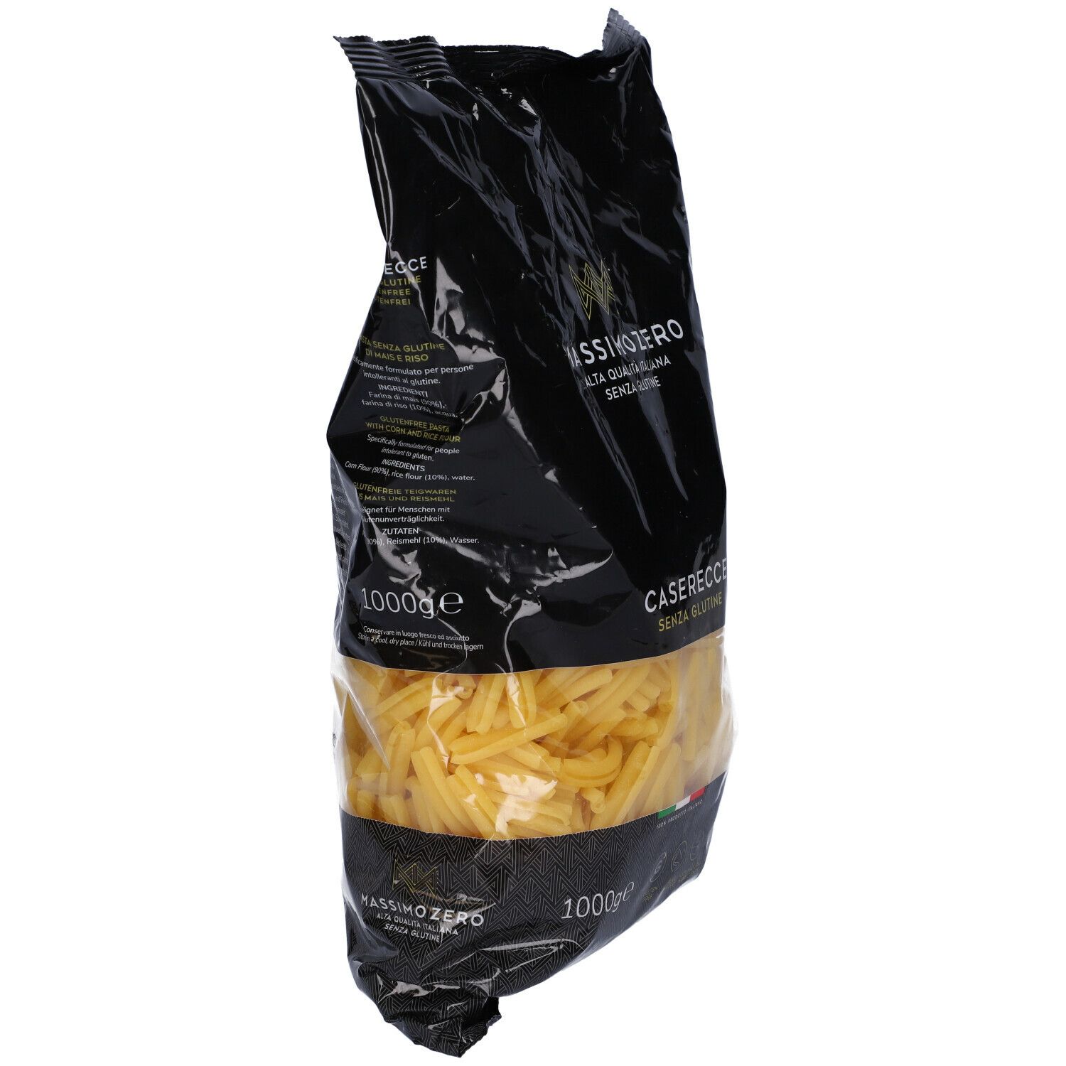 Confezione nera di Massimo Zero Caserecce. Pasta senza glutine. 1000g. Vista laterale.