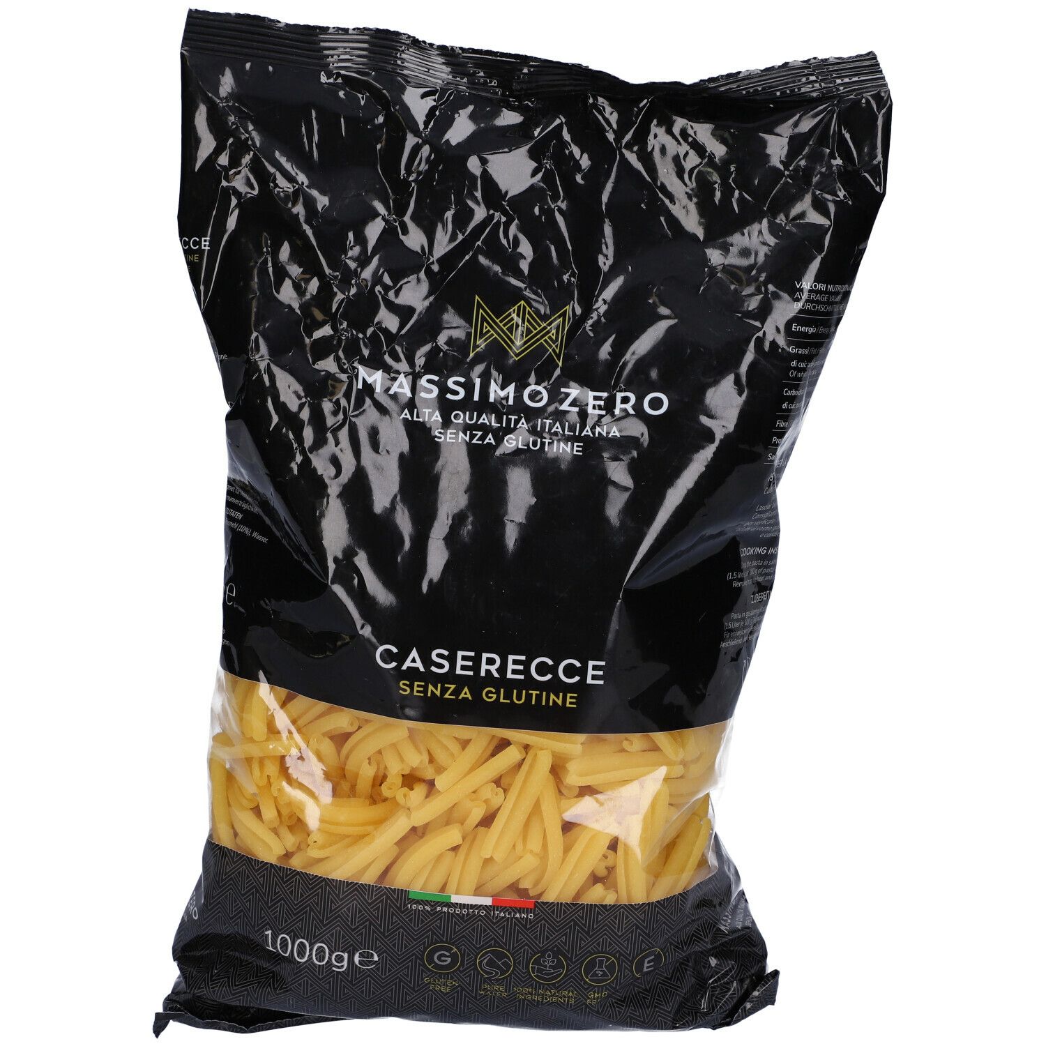 Confezione nera di Massimo Zero Caserecce. Pasta senza glutine. 1000g. Primo piano.