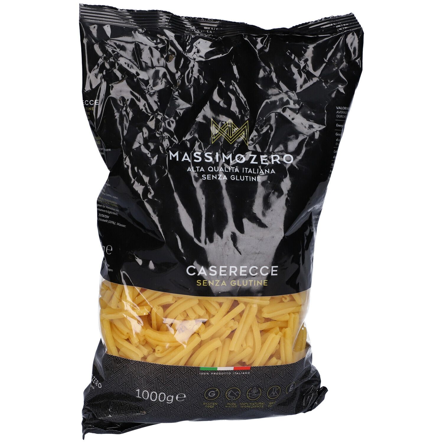 Confezione nera di Massimo Zero Caserecce. Pasta senza glutine. 1000g. Primo piano.