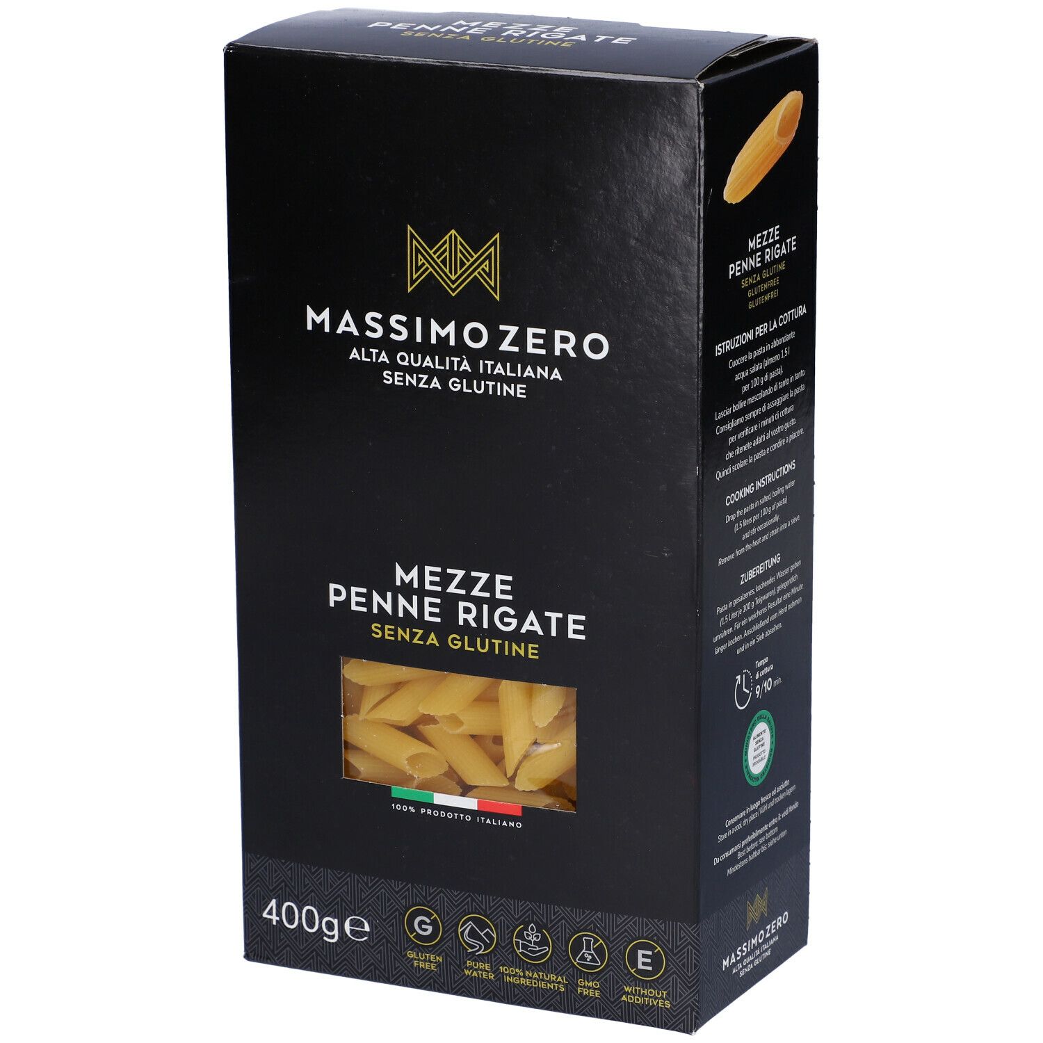 Confezione nera Massimo Zero Penne Rigate. Vista laterale. 400g. Senza glutine. Istruzioni di cottura.