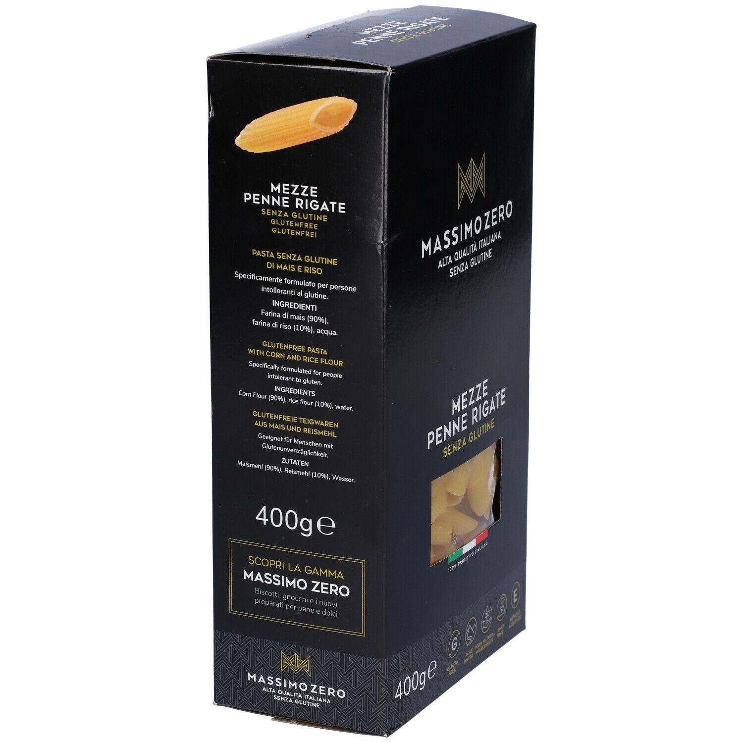Confezione nera Massimo Zero Penne Rigate. Vista laterale. 400g. Senza glutine. Lista ingredienti.