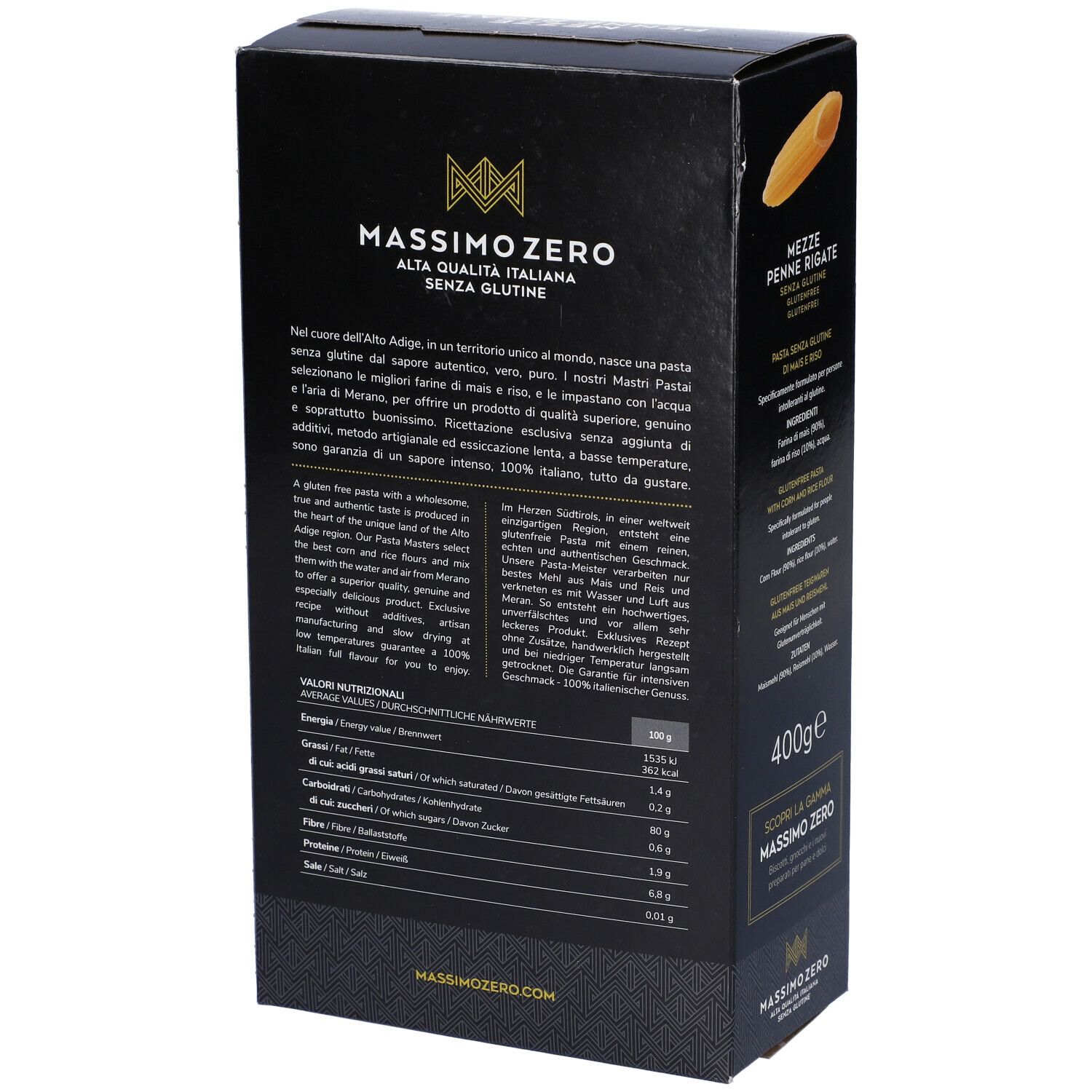 Confezione nera Massimo Zero Penne Rigate. Retro. 400g. Senza glutine. Informazioni nutrizionali.