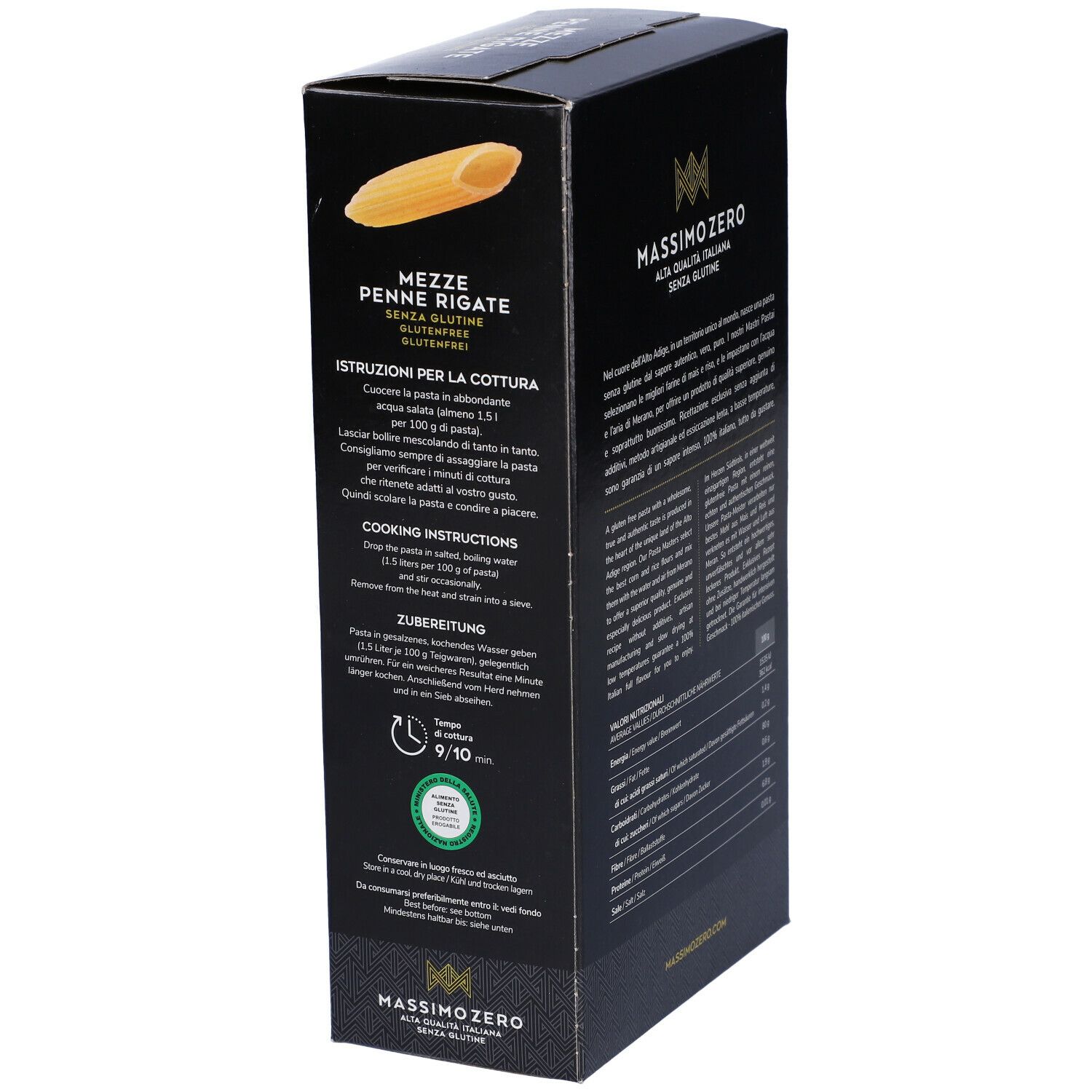Confezione nera Massimo Zero Penne Rigate. Vista laterale. 400g. Senza glutine. Istruzioni di cottura.