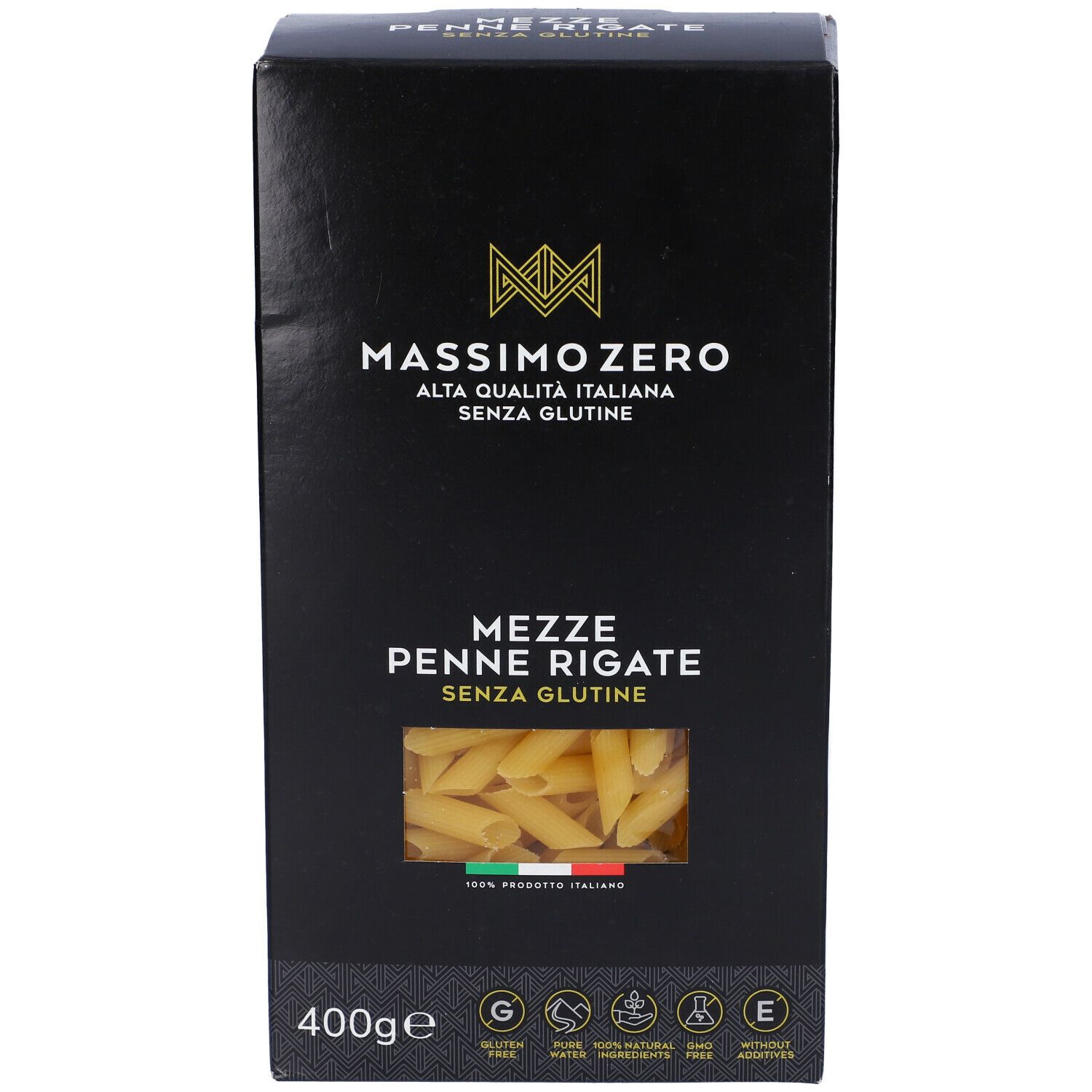 Confezione nera Massimo Zero Penne Rigate. Finestra con pasta. 400g. Senza glutine.