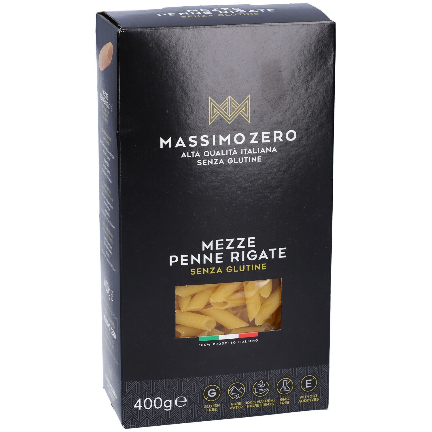 Confezione nera Massimo Zero Penne Rigate. Finestra con pasta. 400g. Senza glutine.