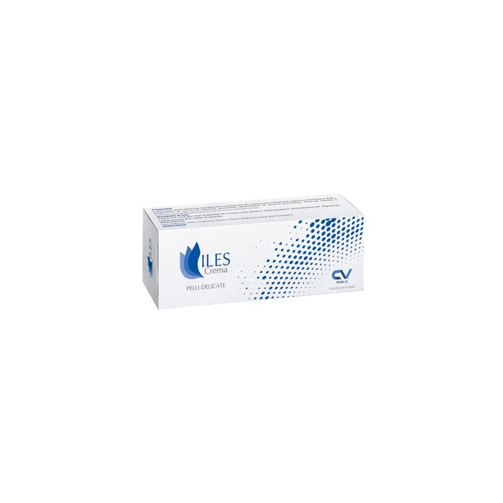 Scatola bianca con grafica blu e scritta ILES Crema. Logo CV in basso a destra.