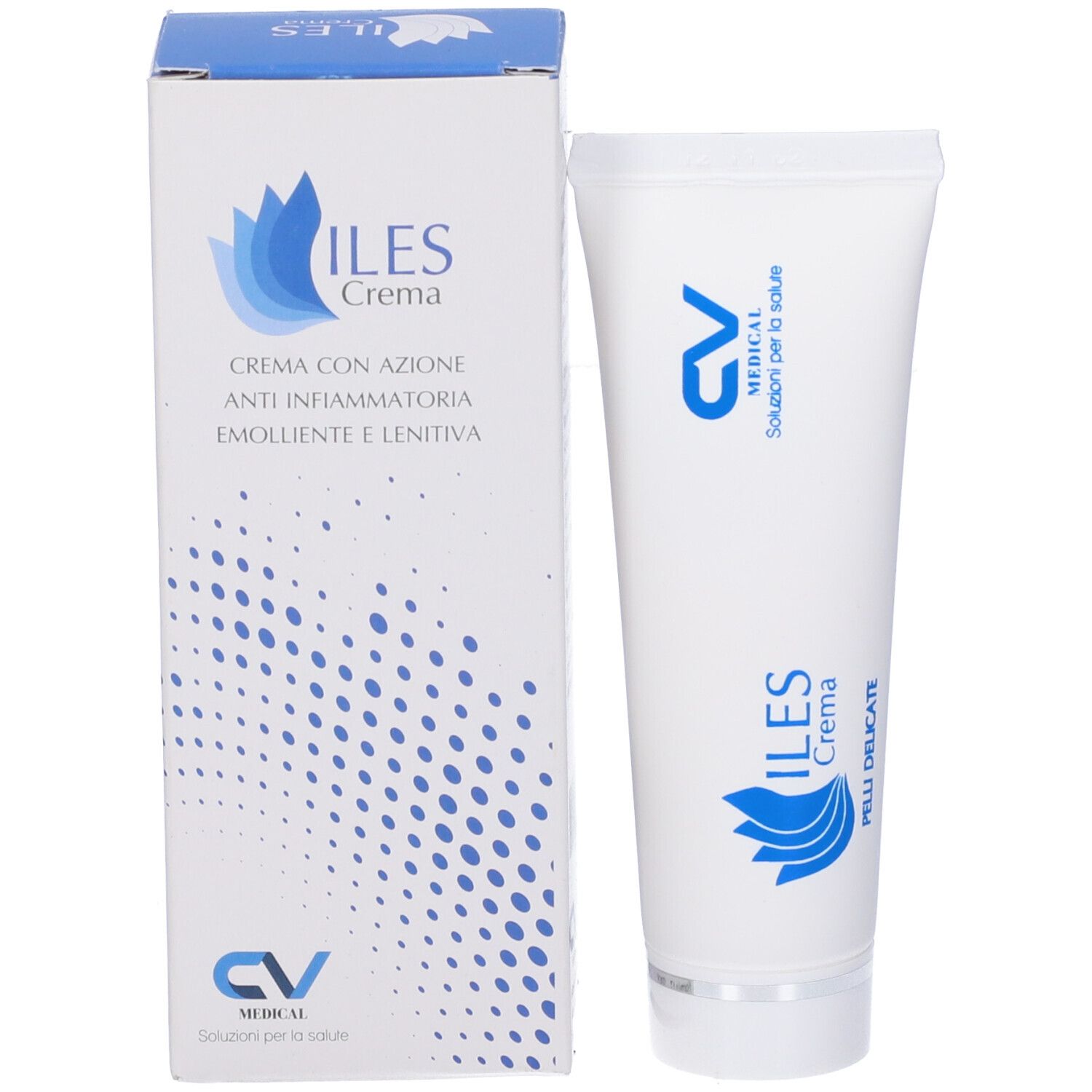 Tubo e scatola pieghevole. Entrambi con logo blu e scritta ILES Crema. Logo CV.