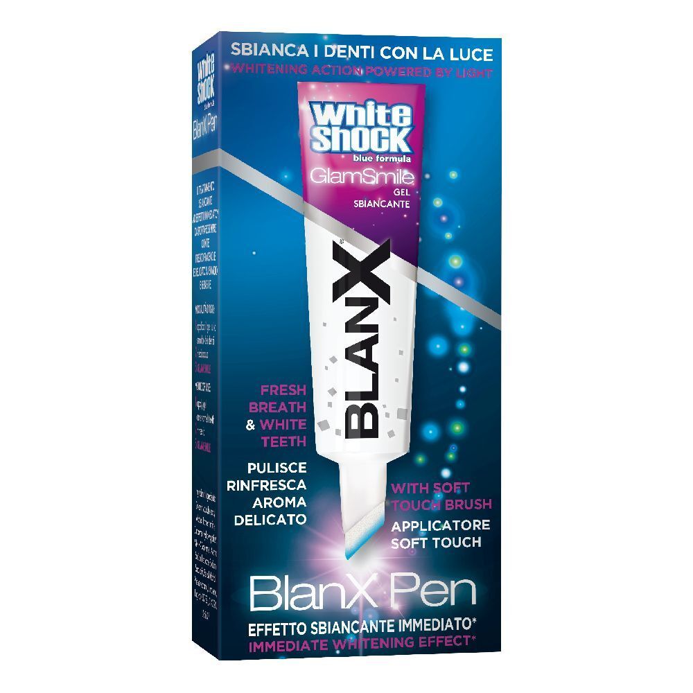Confezione BlanX Pen. Contiene penna gel e scatola. Testo: White Shock, GlamSmile, alito fresco, denti bianchi.