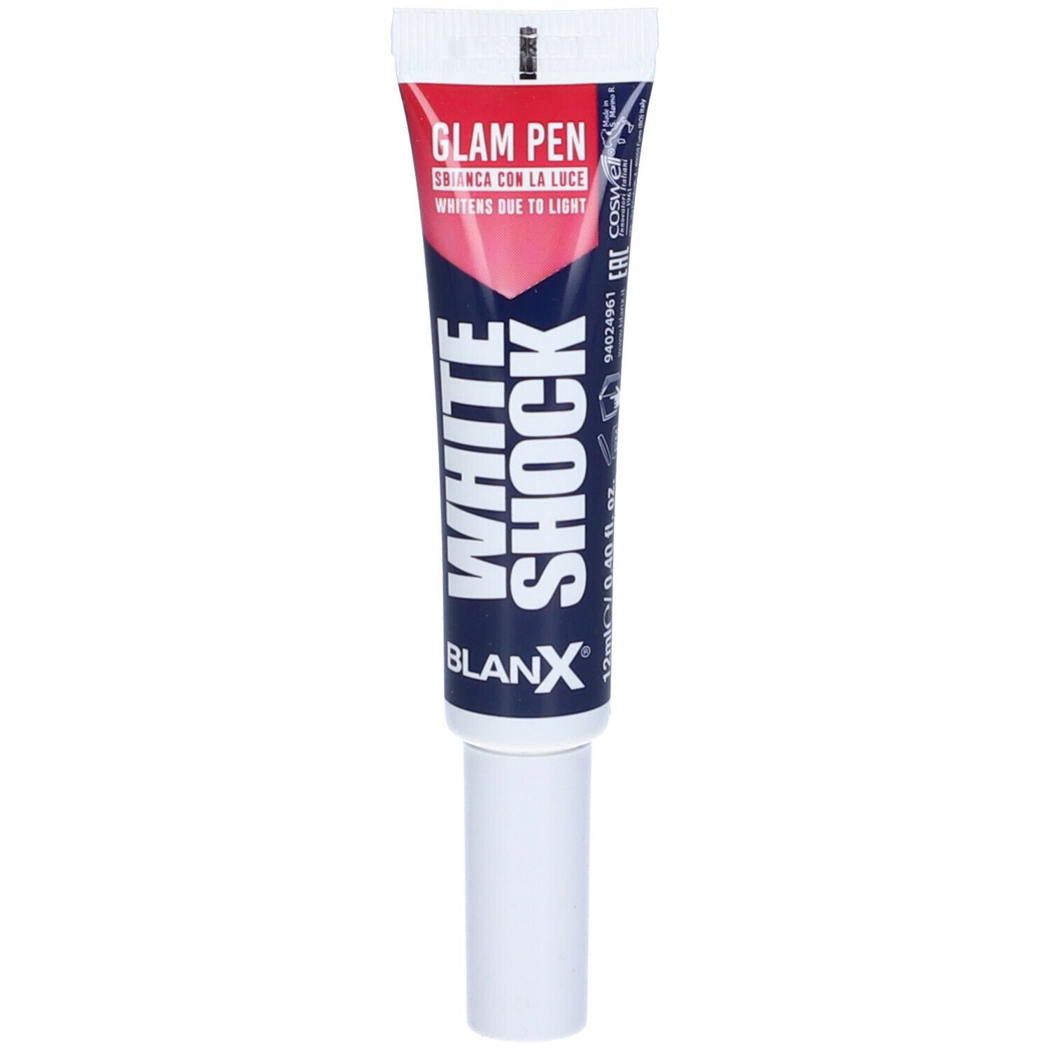 BlanX White Shock Glam Pen. Penna bianca con scritte rosse e blu. Testo: White Shock, Glam Pen, 12 ml.