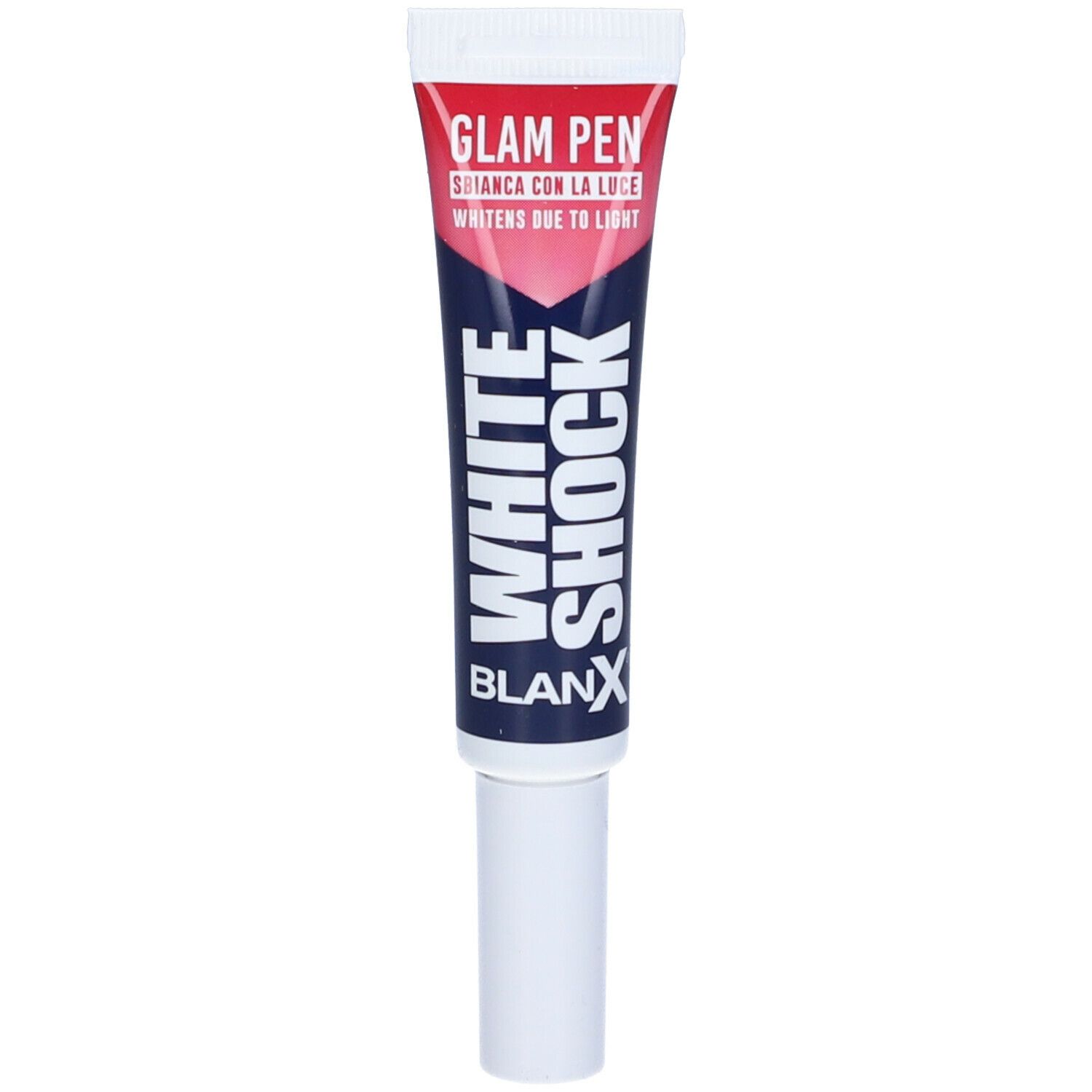 BlanX White Shock Glam Pen. Penna bianca con scritte rosse e blu. Testo: White Shock, Glam Pen.
