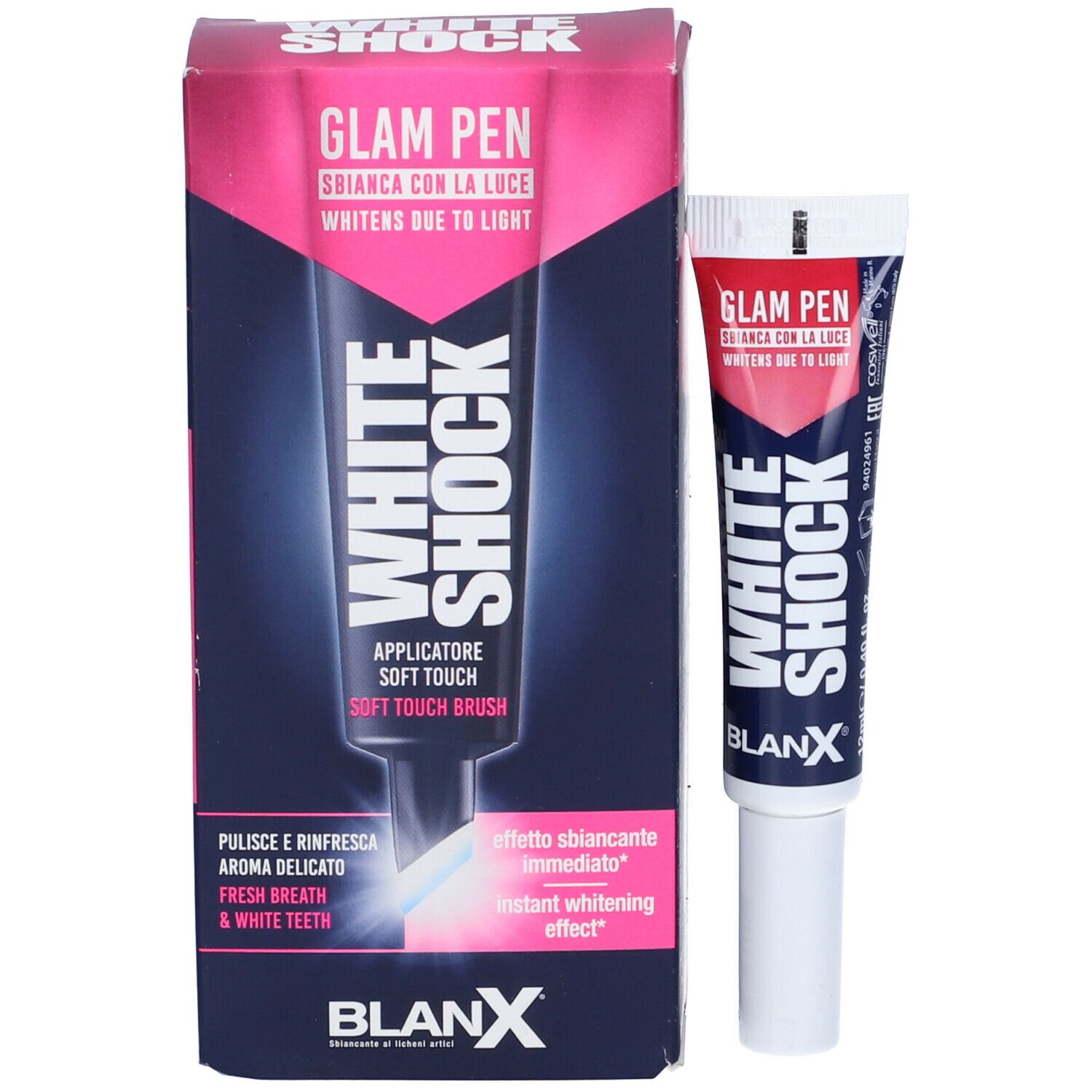 BlanX White Shock Glam Pen e confezione. Penna bianca e scatola rosa e blu. Testo: White Shock, Glam Pen.