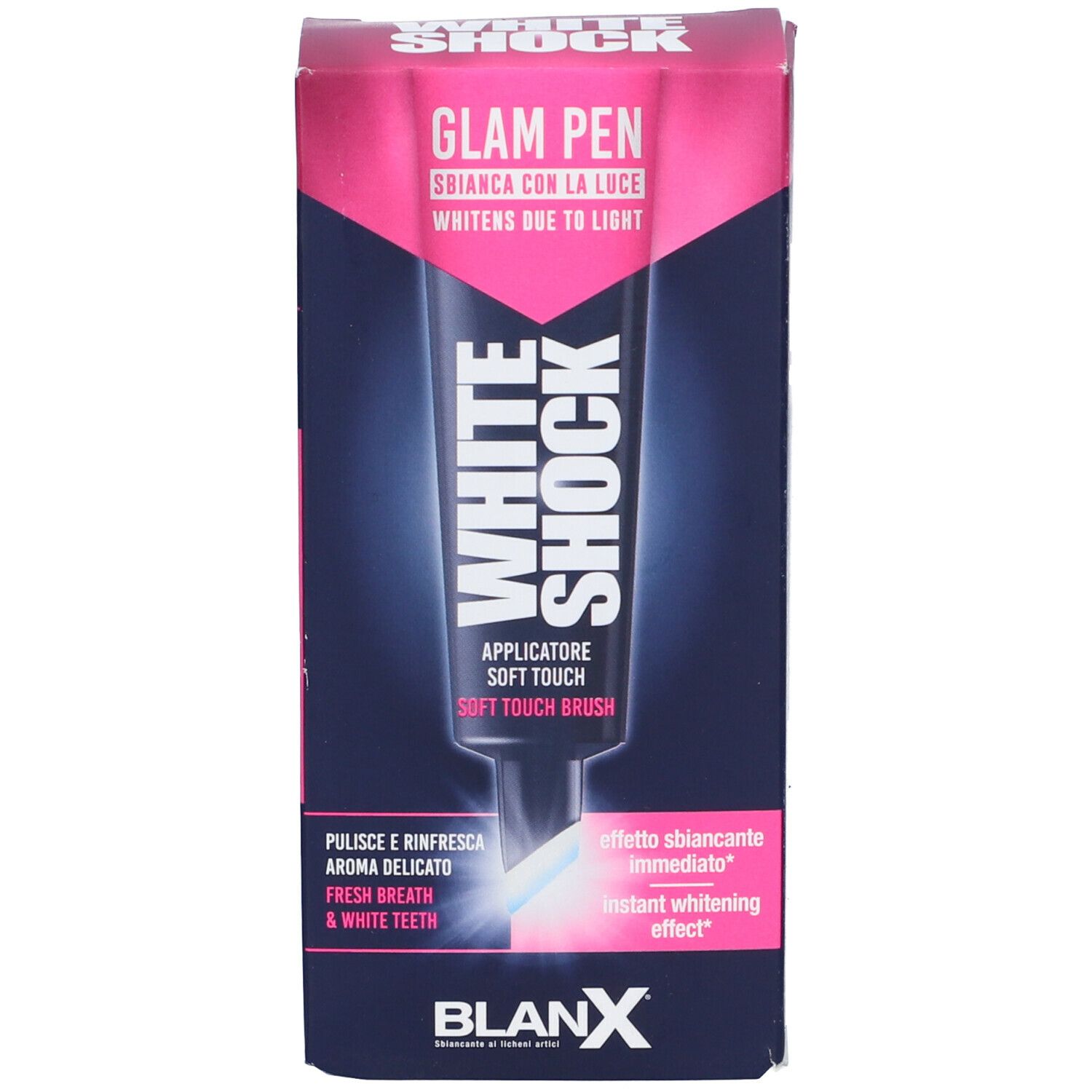 BlanX White Shock Glam Pen e confezione. Penna bianca e scatola rosa e blu. Testo: White Shock, Glam Pen.