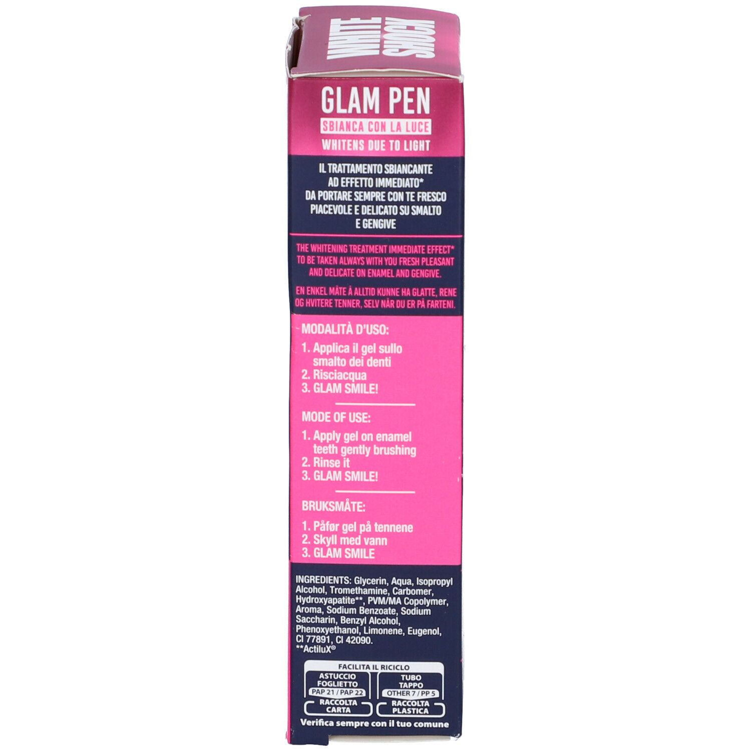 Retro della confezione BlanX White Shock Glam Pen. Testo rosa. Testo: Modalità d'uso, ingredienti, avvertenze.