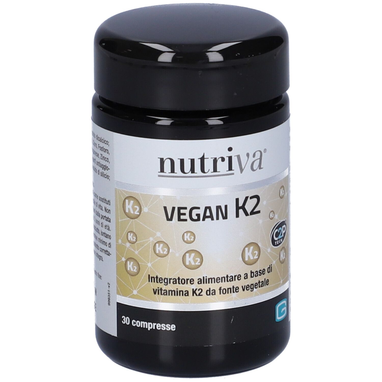 Boîte noire avec étiquette blanche. Inscription: Nutriva Vegan K2. 30 comprimés. Logo C2P Tech.