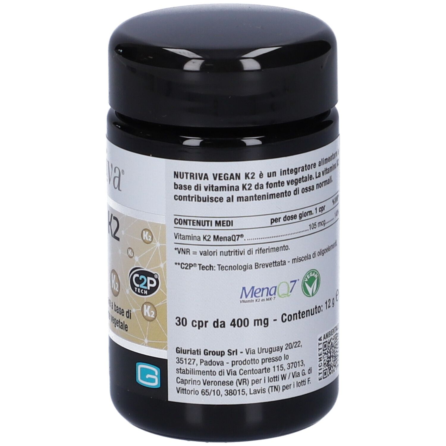 Étiquette sur boîte noire. Contient informations nutritionnelles et ingrédients. 30 comprimés, 400 mg. 12g.
