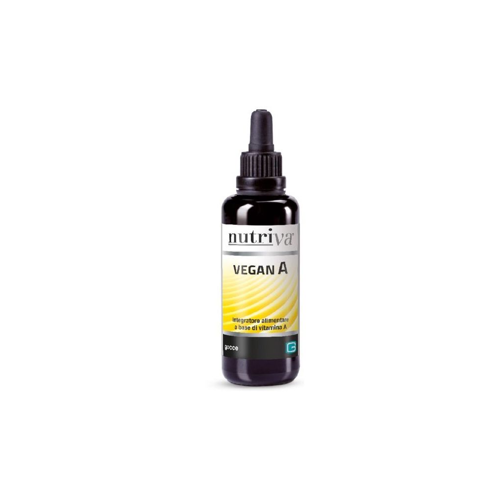 Flacone marrone con tappo nero e contagocce. Scritta: Nutriva Vegan A. Sfondo giallo.
