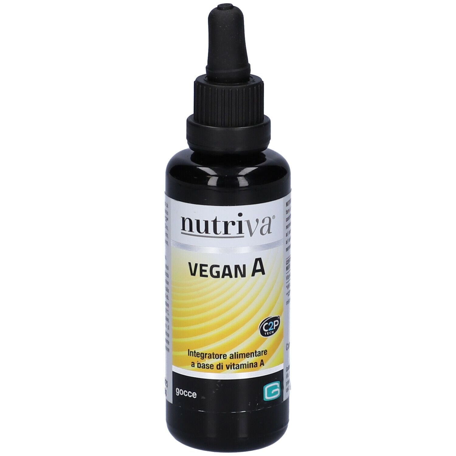 Flacone marrone con tappo nero e contagocce. Scritta: Nutriva Vegan A. Sfondo giallo.