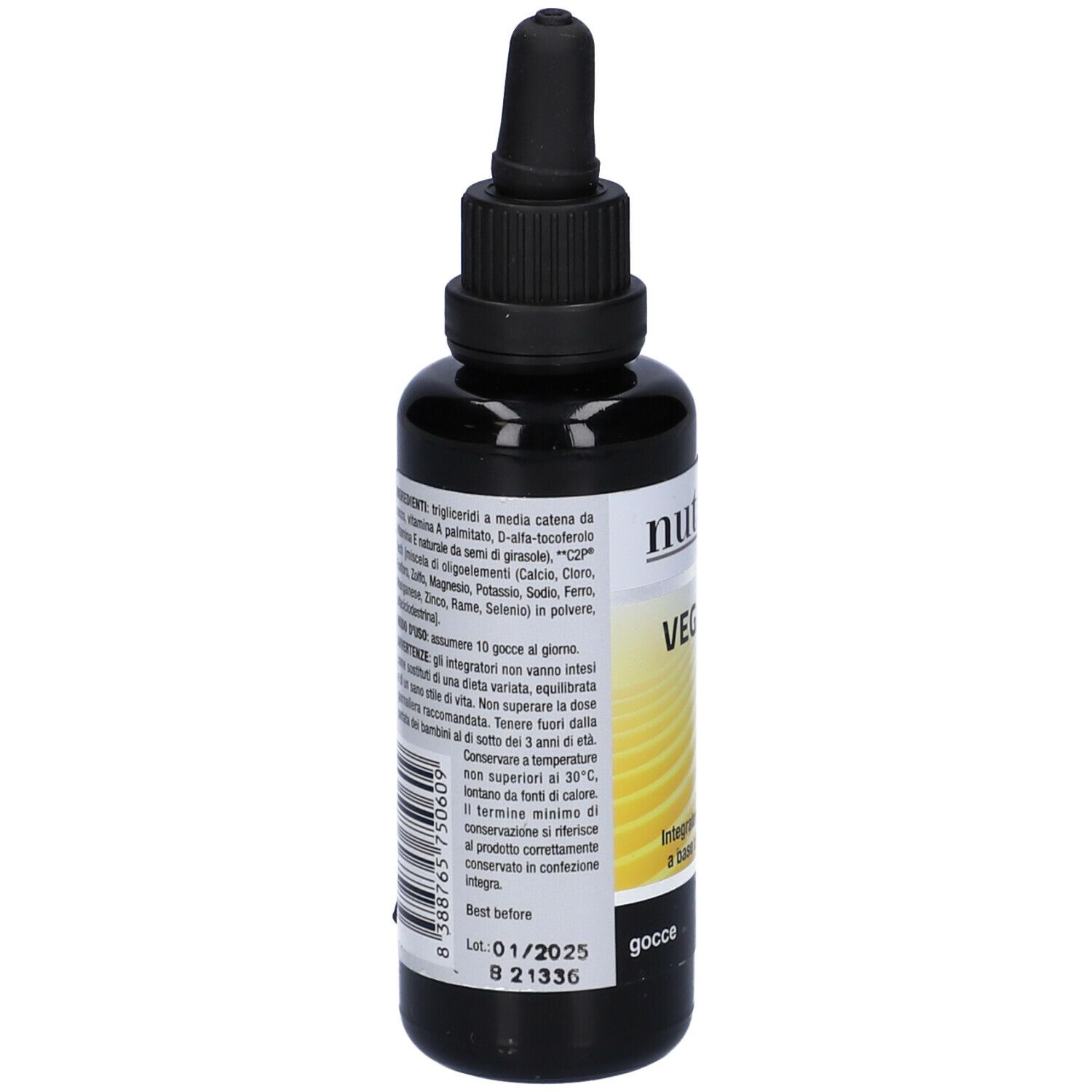Flacone marrone con tappo nero e contagocce. Scritta: Nutriva Vegan A. Sfondo giallo.