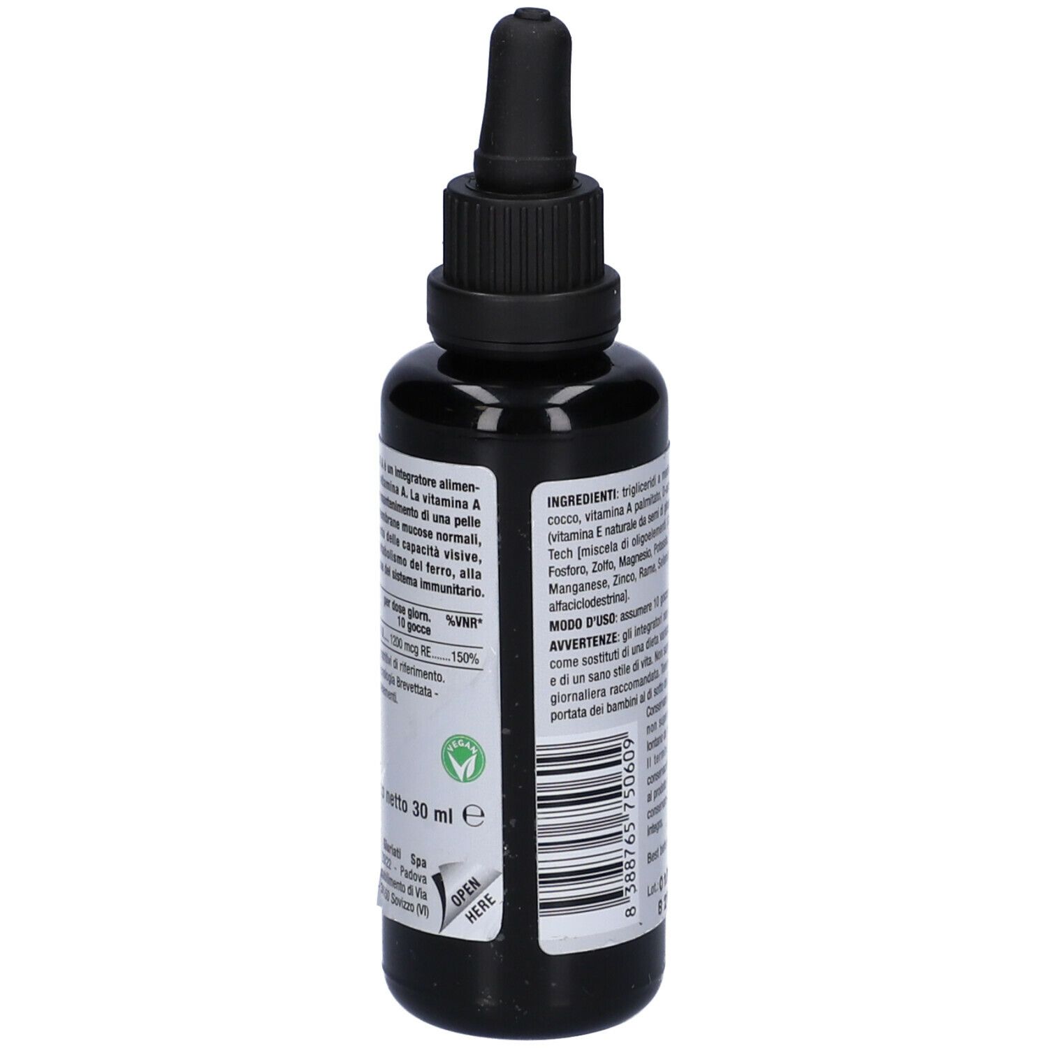 Flacone marrone con tappo nero e contagocce. Scritta: Nutriva Vegan A. Sfondo giallo.