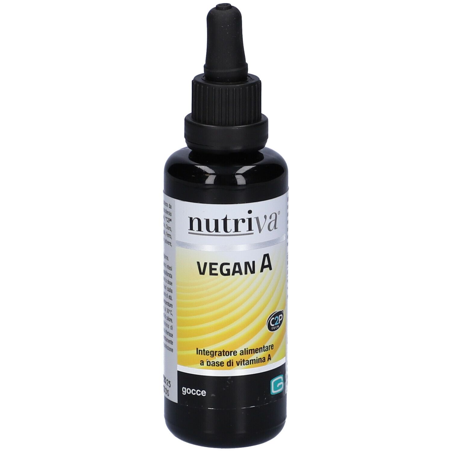 Flacone marrone con tappo nero e contagocce. Scritta: Nutriva Vegan A. Sfondo giallo.