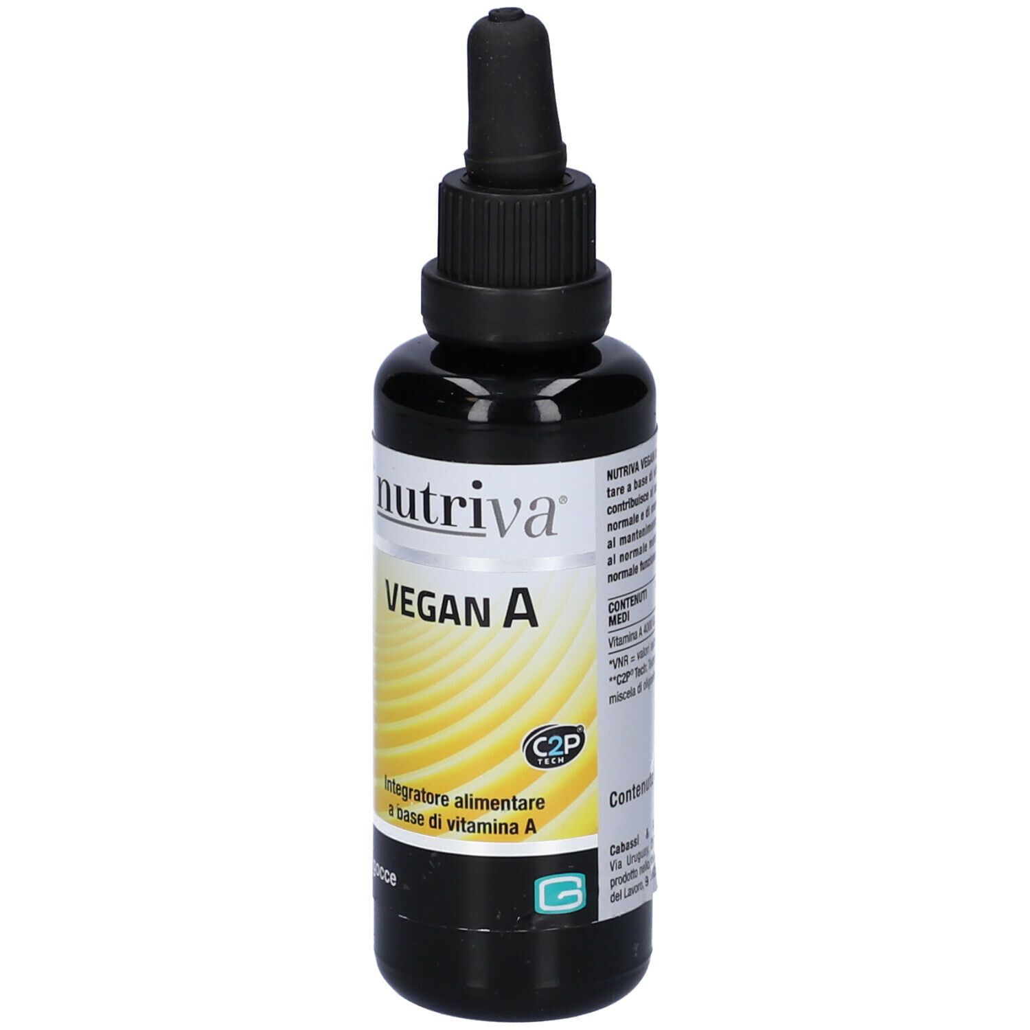 Flacone marrone con tappo nero e contagocce. Scritta: Nutriva Vegan A. Sfondo giallo.