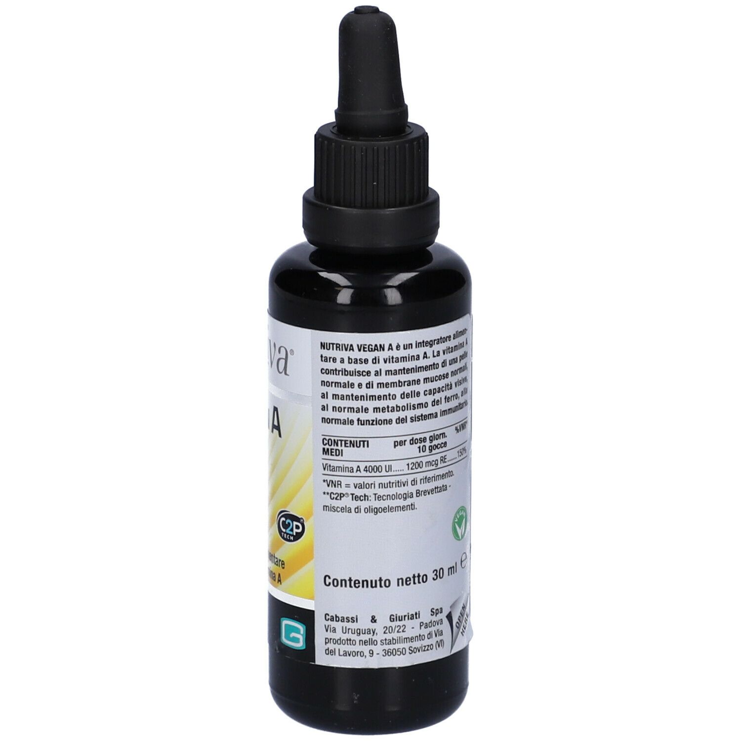 Flacone marrone con tappo nero e contagocce. Scritta: Nutriva Vegan A. Sfondo giallo.