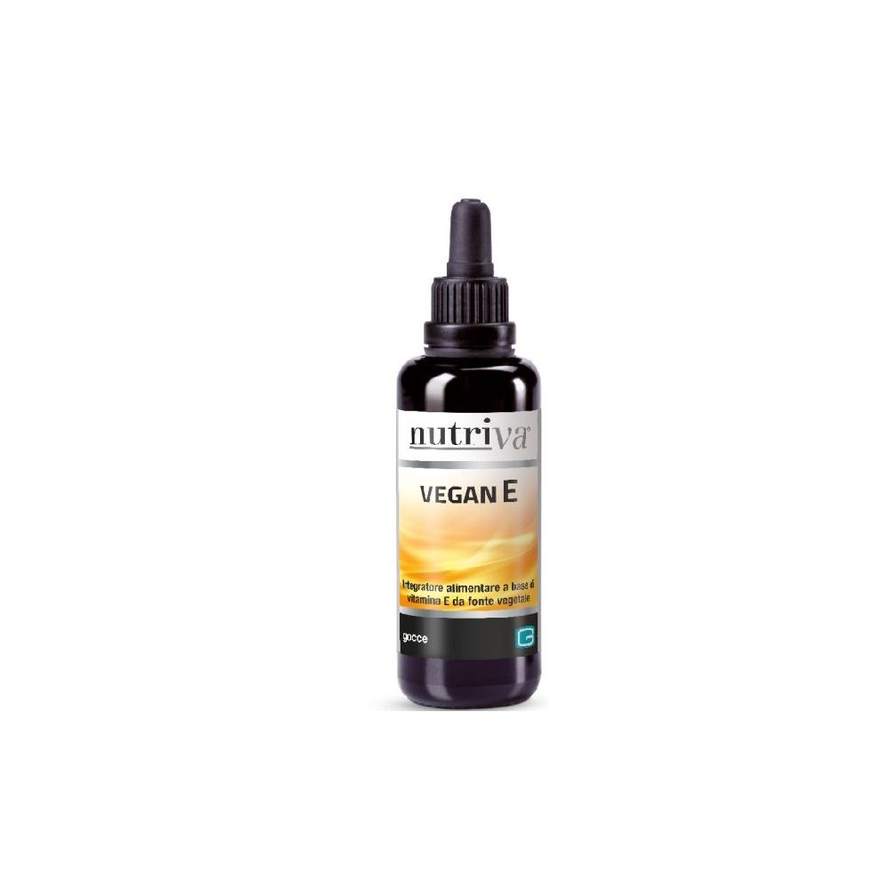 Flacone marrone con tappo nero e contagocce. Scritta: Nutriva Vegan E. Etichetta del prodotto con sfondo giallo.