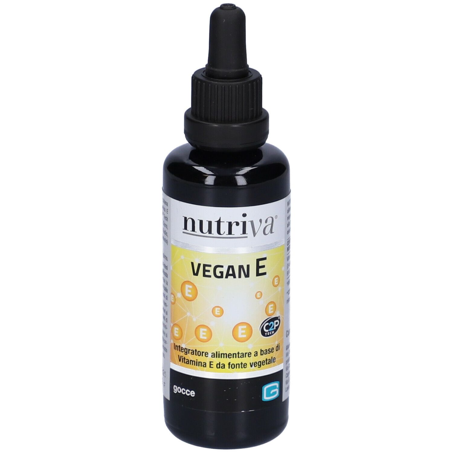 Flacone marrone con tappo nero e contagocce. Scritta: Nutriva Vegan E. Etichetta con sfondo giallo e simboli E.