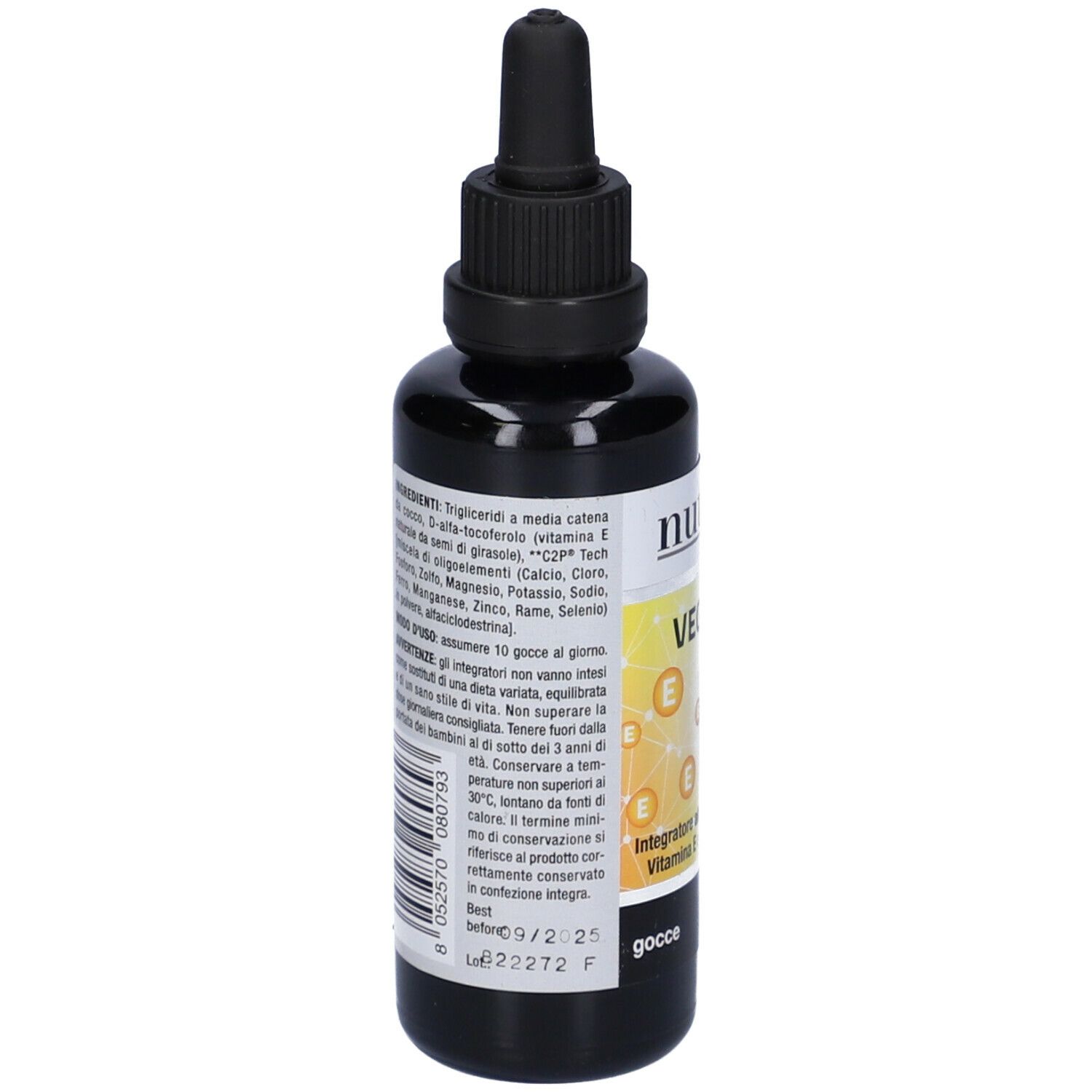 Flacone marrone con tappo nero e contagocce. Scritta: Nutriva Vegan E. Etichetta con sfondo giallo e simboli E.