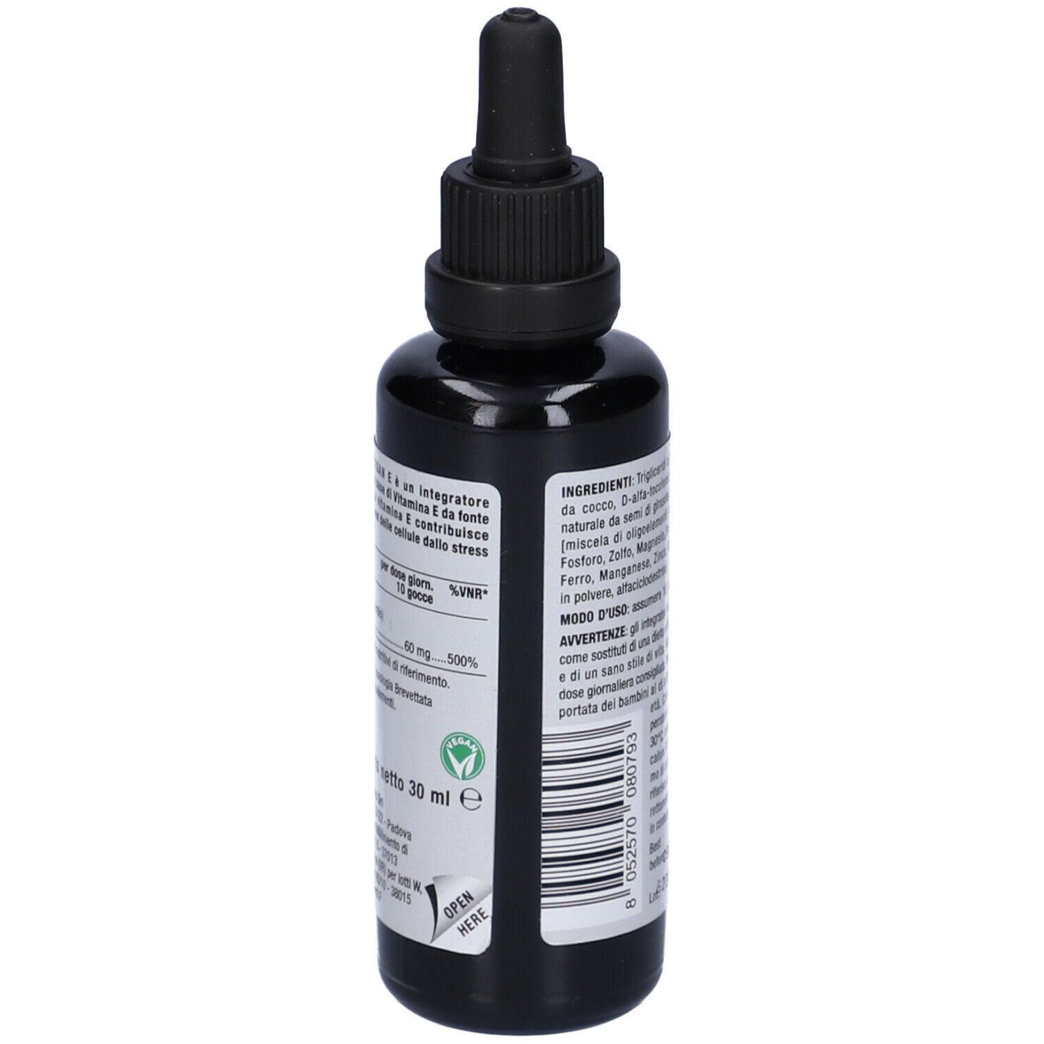 Flacone marrone con tappo nero e contagocce. Scritta: Nutriva Vegan E. Etichetta con sfondo giallo e simboli E.