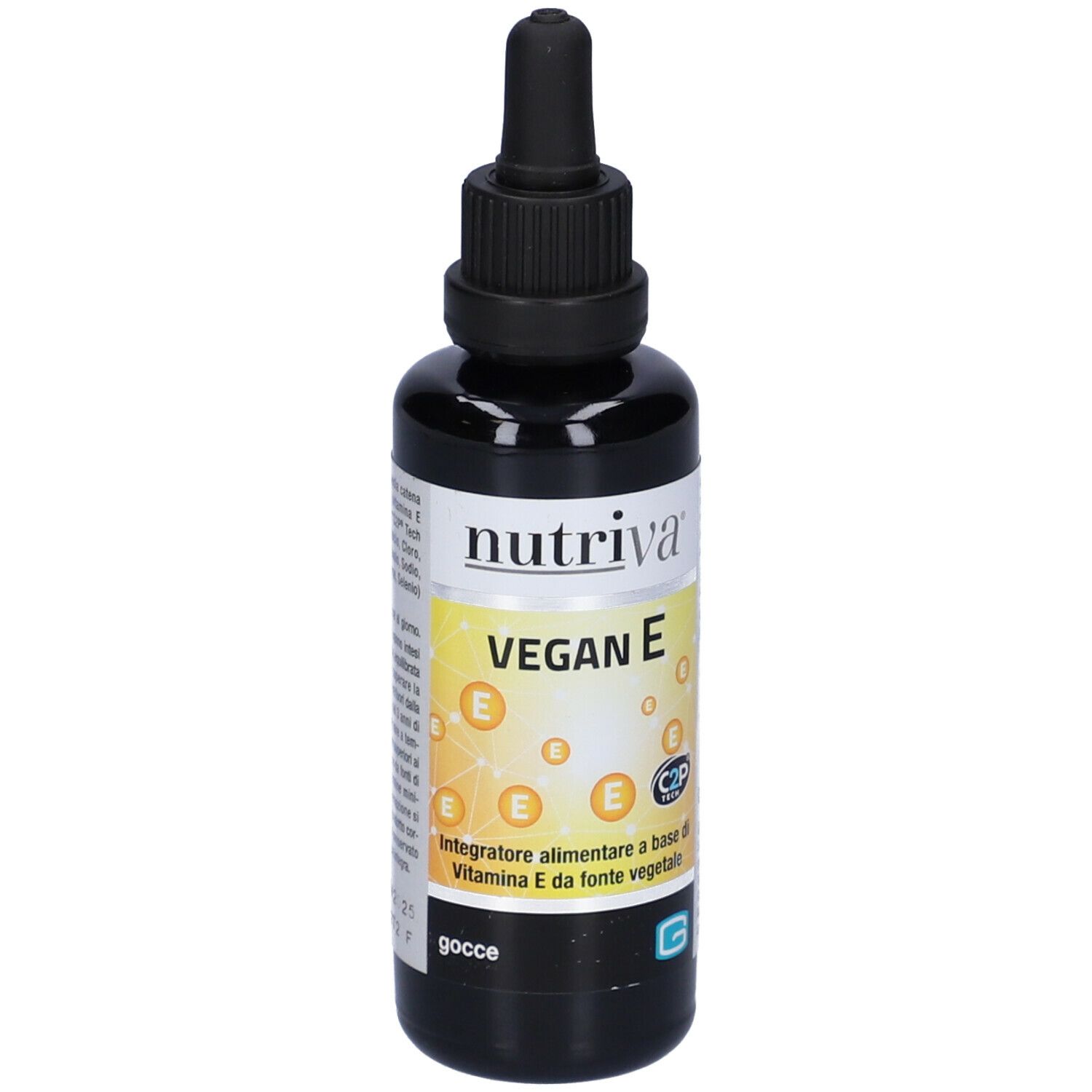 Flacone marrone con tappo nero e contagocce. Scritta: Nutriva Vegan E. Etichetta con sfondo giallo e simboli E.
