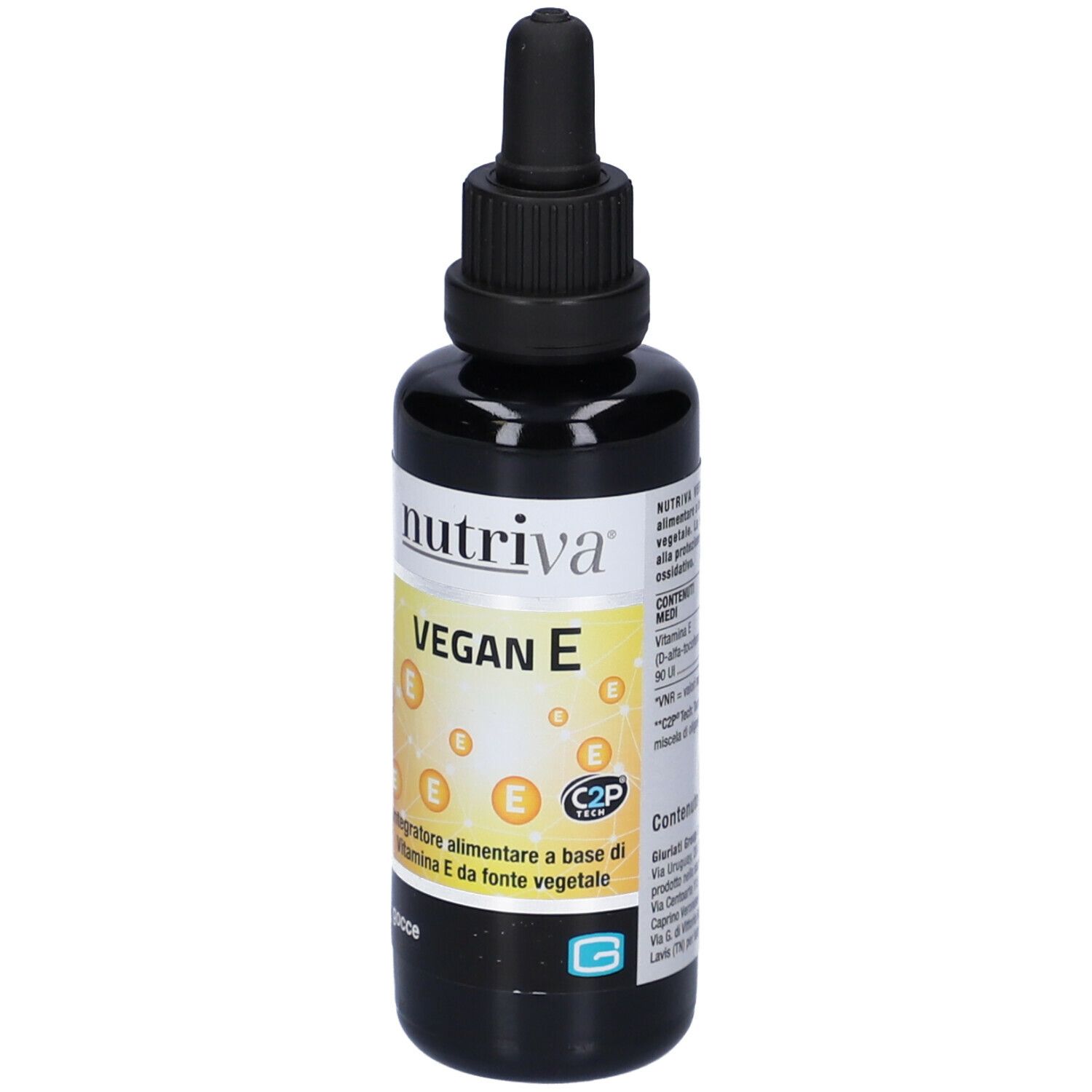 Flacone marrone con tappo nero e contagocce. Scritta: Nutriva Vegan E. Etichetta con sfondo giallo e simboli E.