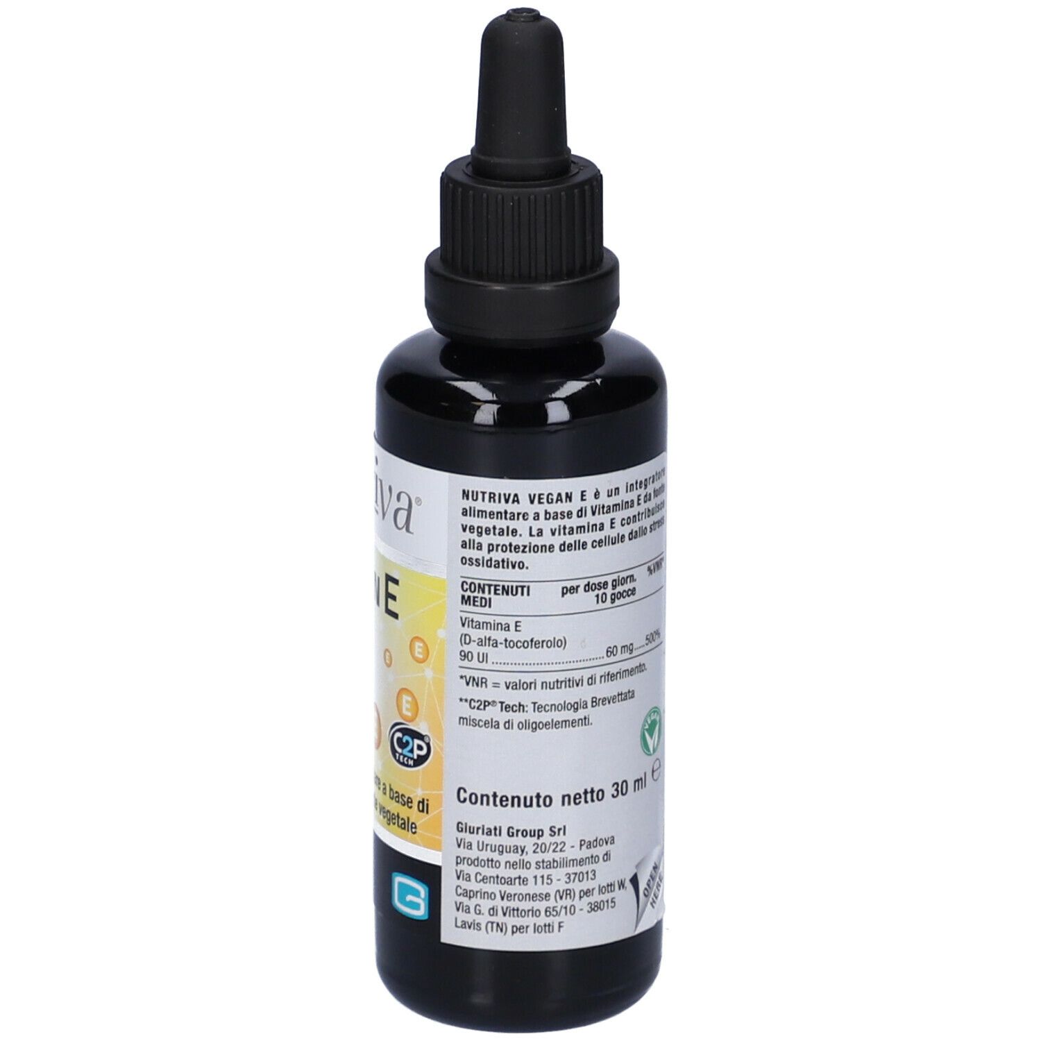 Flacone marrone con tappo nero e contagocce. Scritta: Nutriva Vegan E. Etichetta con sfondo giallo e simboli E.